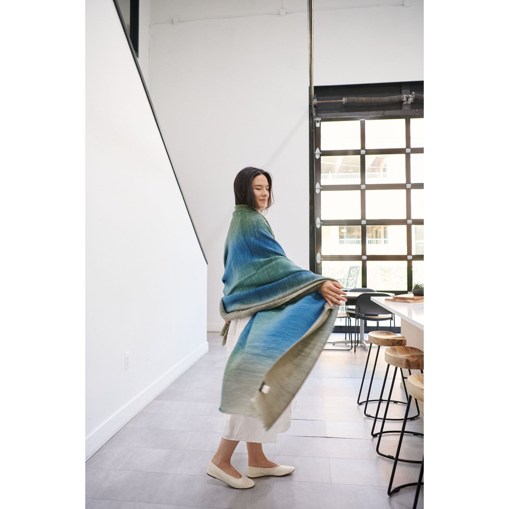 Lake Moss Handwoven Merino Throw Blanket in Serene Shades of Blue Green