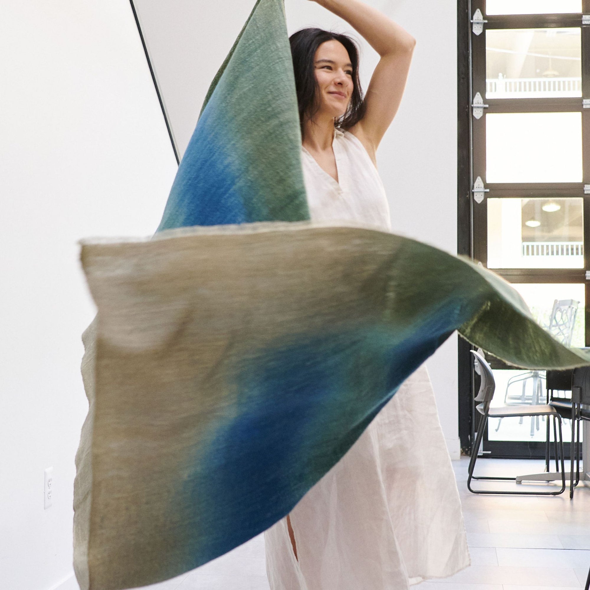 Lake Moss Handwoven Merino Throw Blanket in Serene Shades of Blue Green