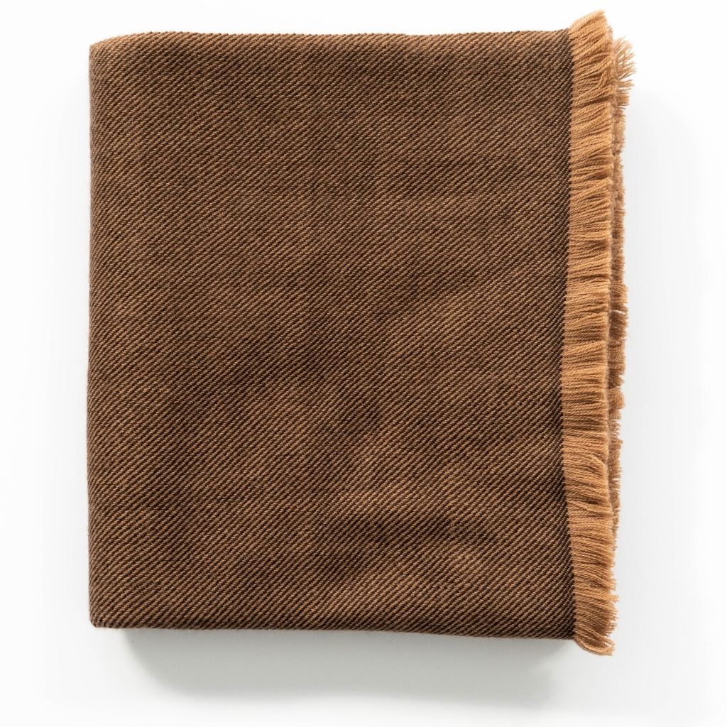 Hay Brown Twill Merino Handwoven Throw featuring a soft twill weave and a fringe edge, ideal for cozy interiors.