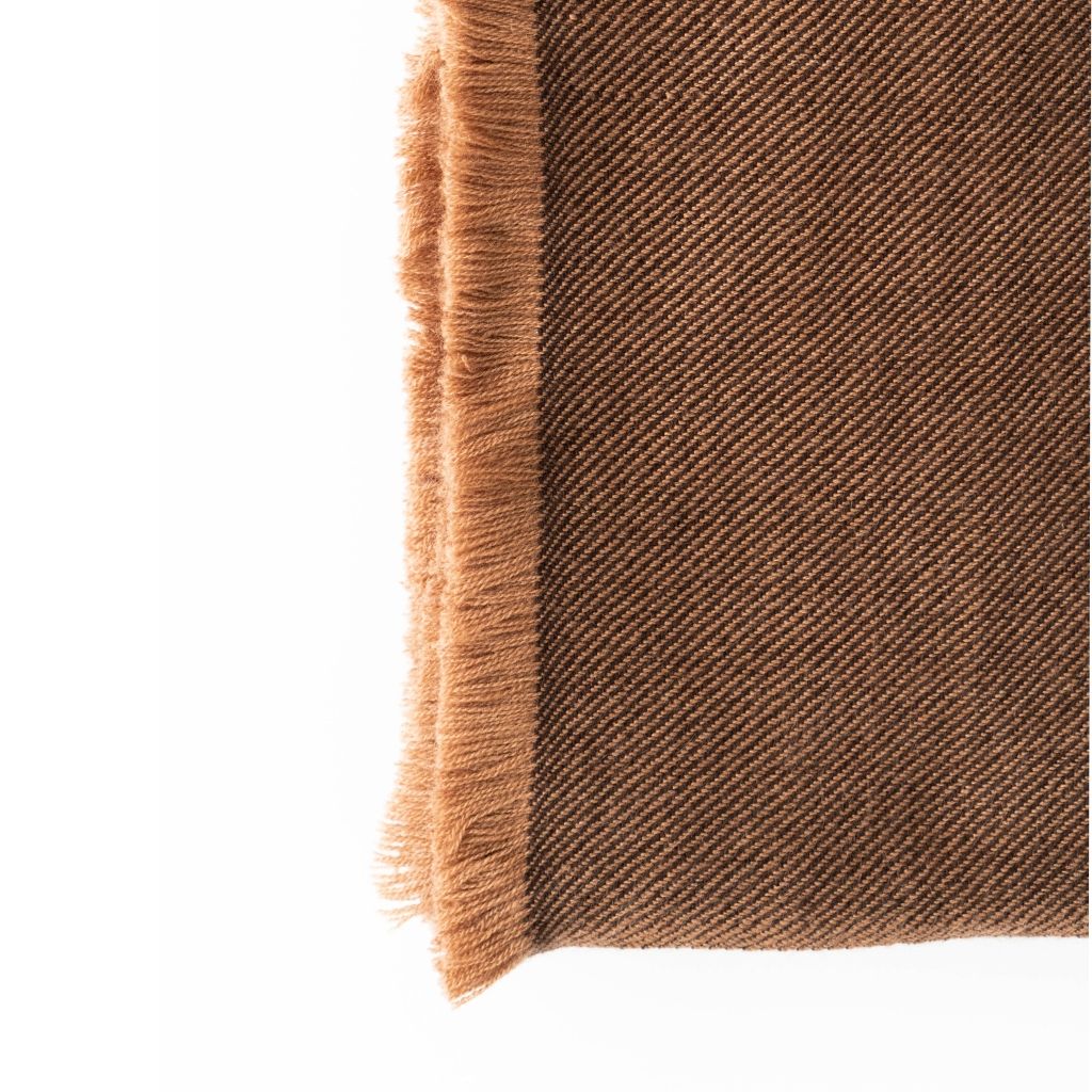 Hay Brown Twill Merino Handwoven Throw showcasing soft twill weave and fringe detail in warm brown color.