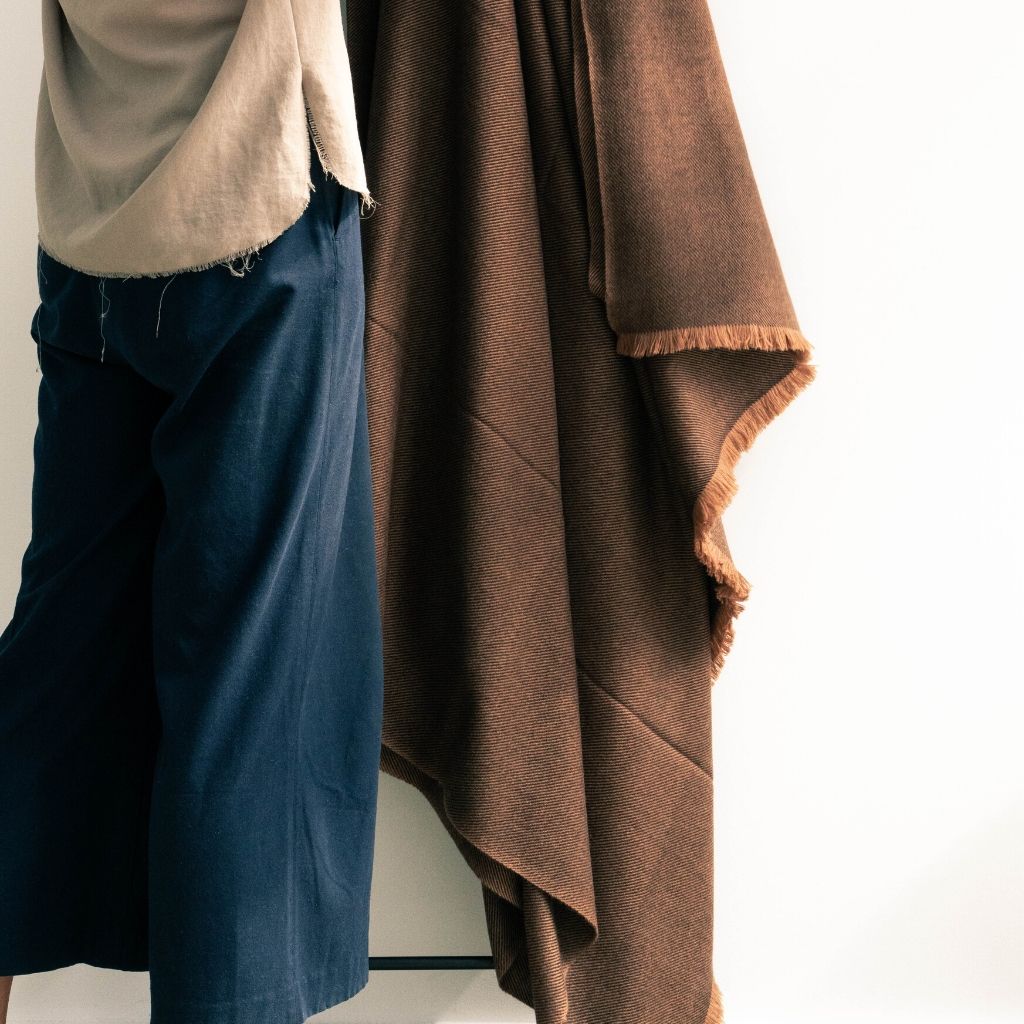 Hay Brown Twill Merino Handwoven Throw Styled On A Ladder