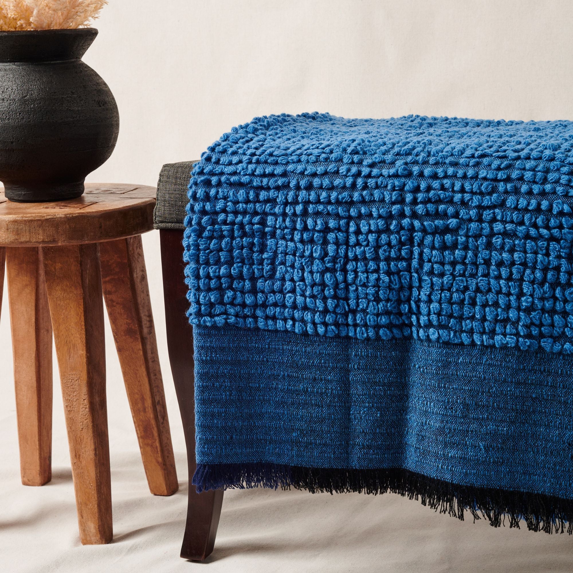 Macaroon Midnight Dark Blue Textured Merino Handloom Throw