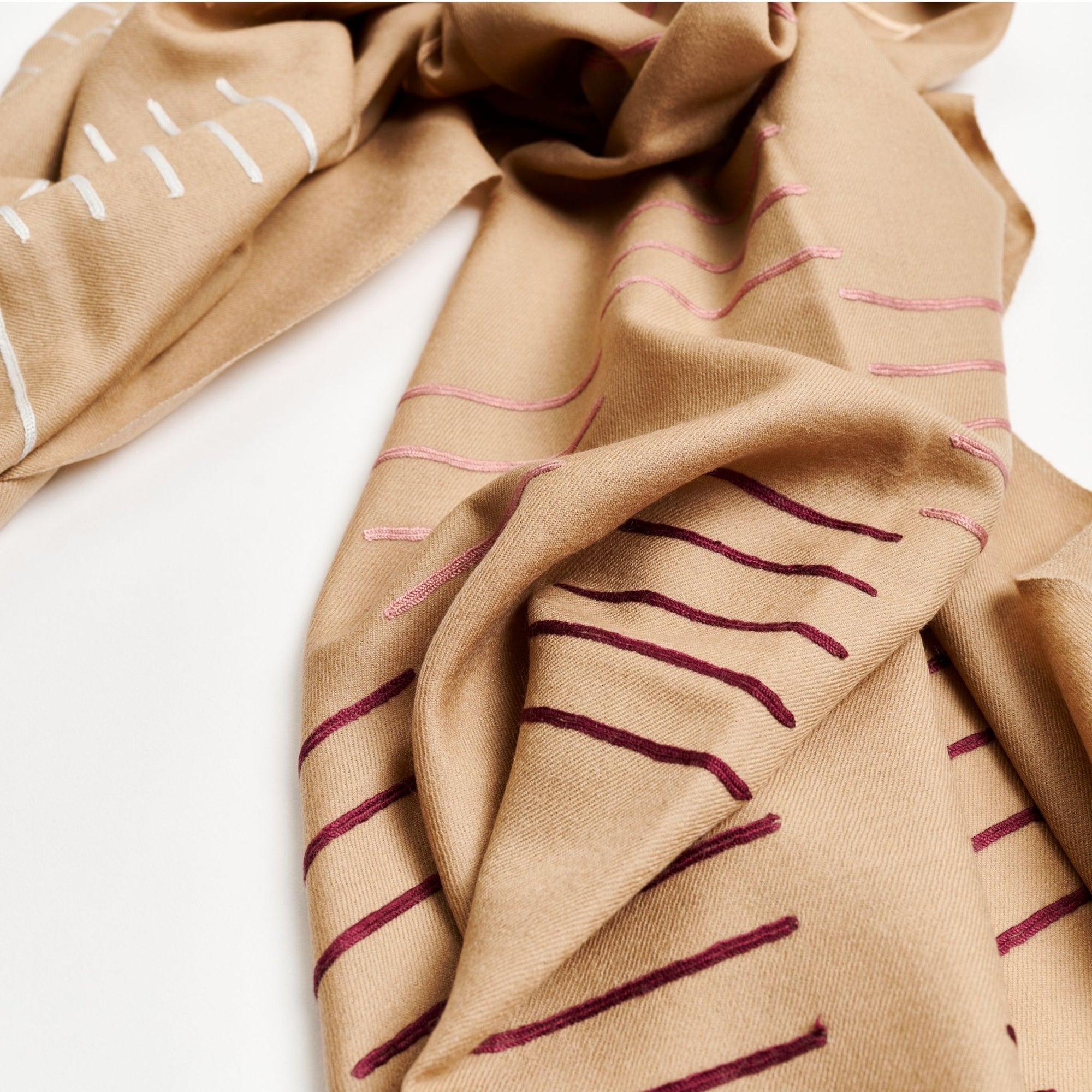 Maple Beige Handwoven Hand Embroidered Classic Scarf with colorful embroidery patterns.