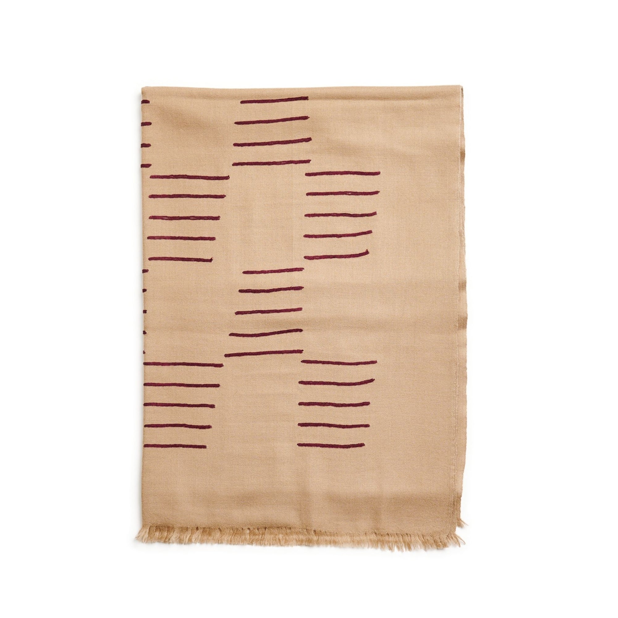 Maple Beige Handwoven Hand Embroidered Classic Scarf with burgundy embroidery on a beige background.