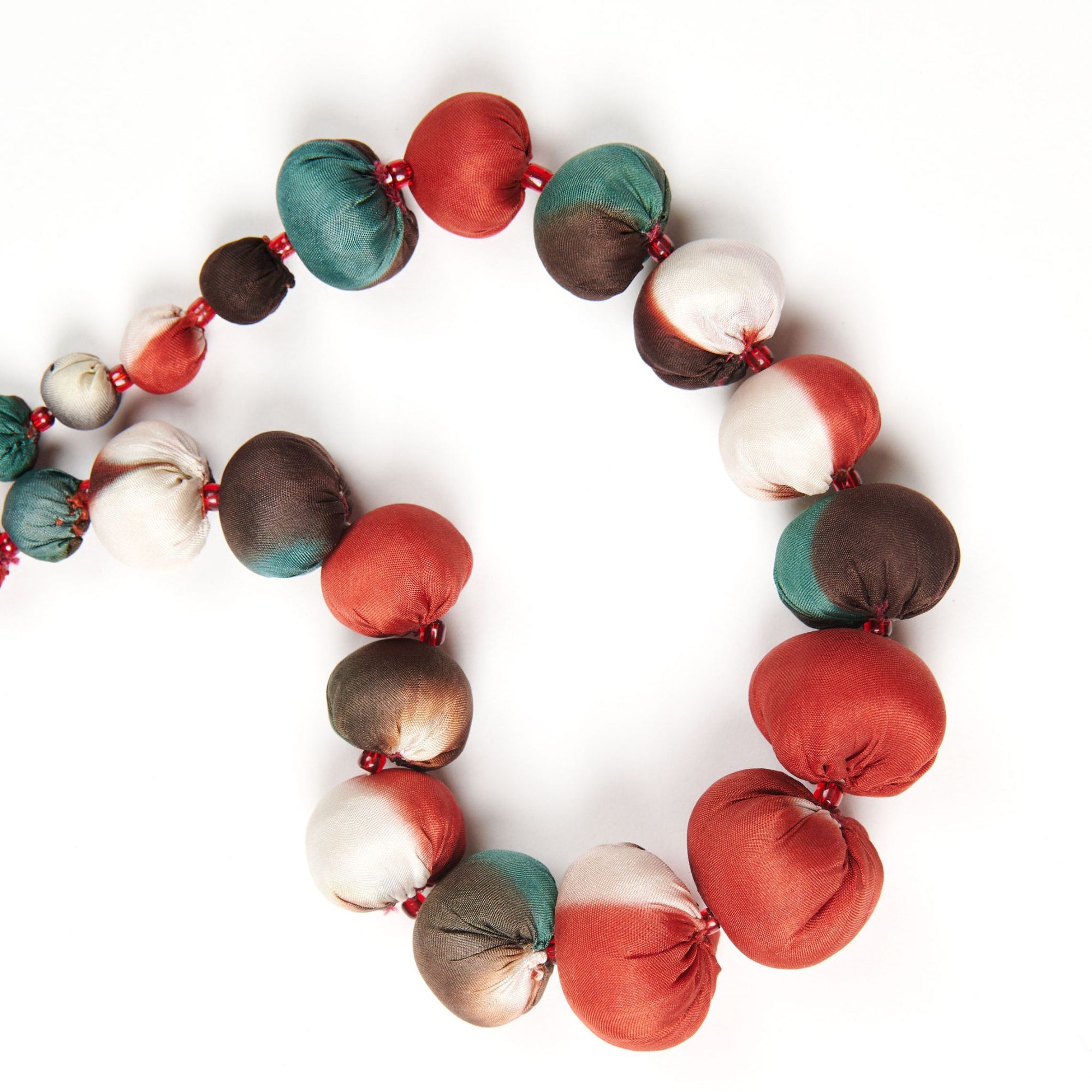 Mihika Red Silk Beaded Necklace Modern Artisanal showcasing handcrafted silk beads in vibrant colors.