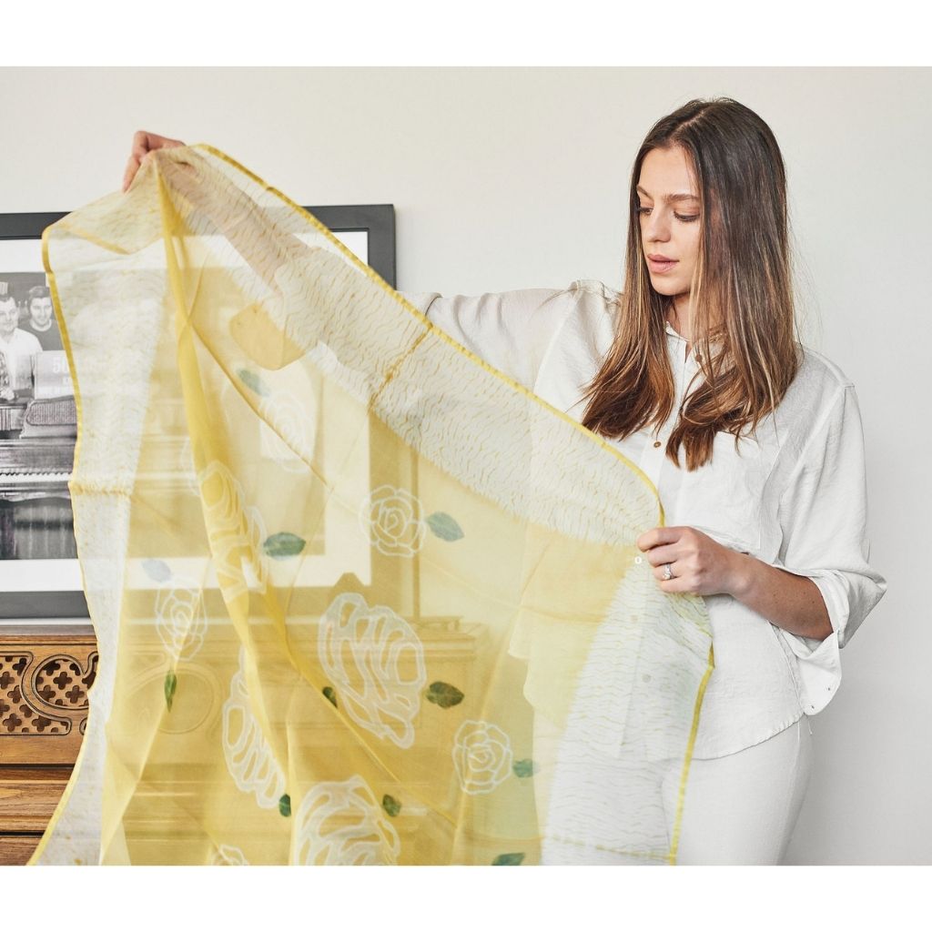 Primrose Turmeric Hand Painted Floral Print Shibori  Large Square Silk Scarf