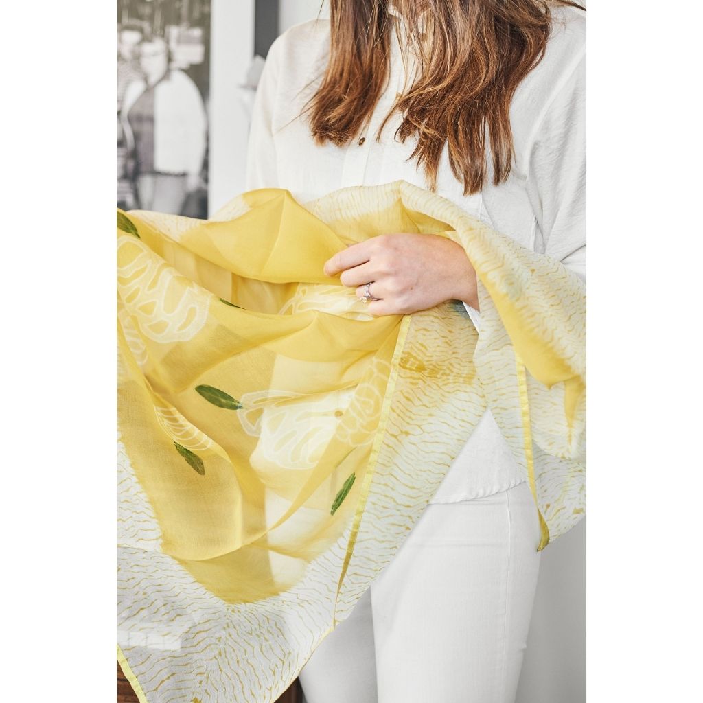 Primrose Turmeric Hand Painted Floral Print Shibori  Large Square Silk Scarf