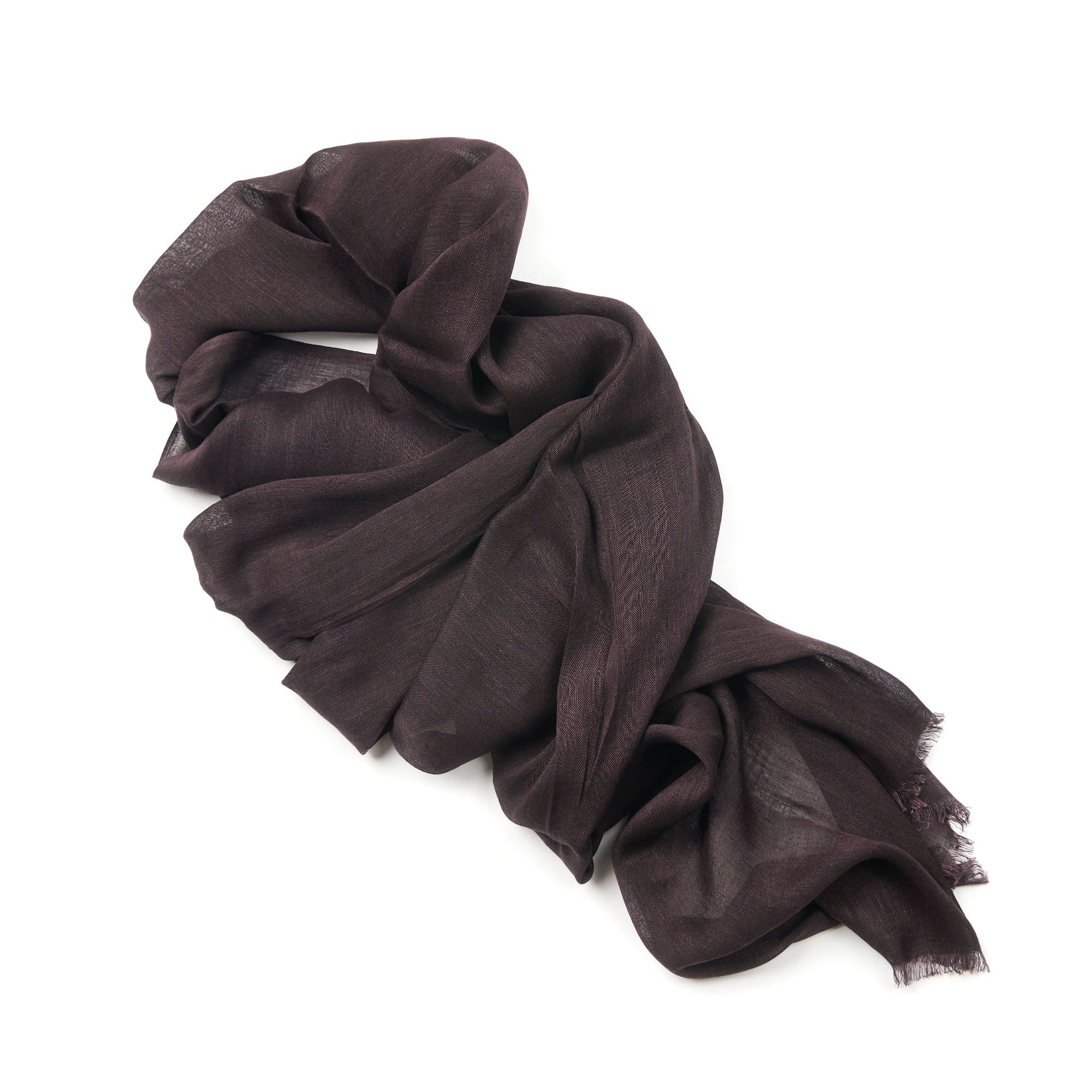 Resin Dark Brown Hand Woven Soft Linen Silk Scarf styled elegantly on a white background.