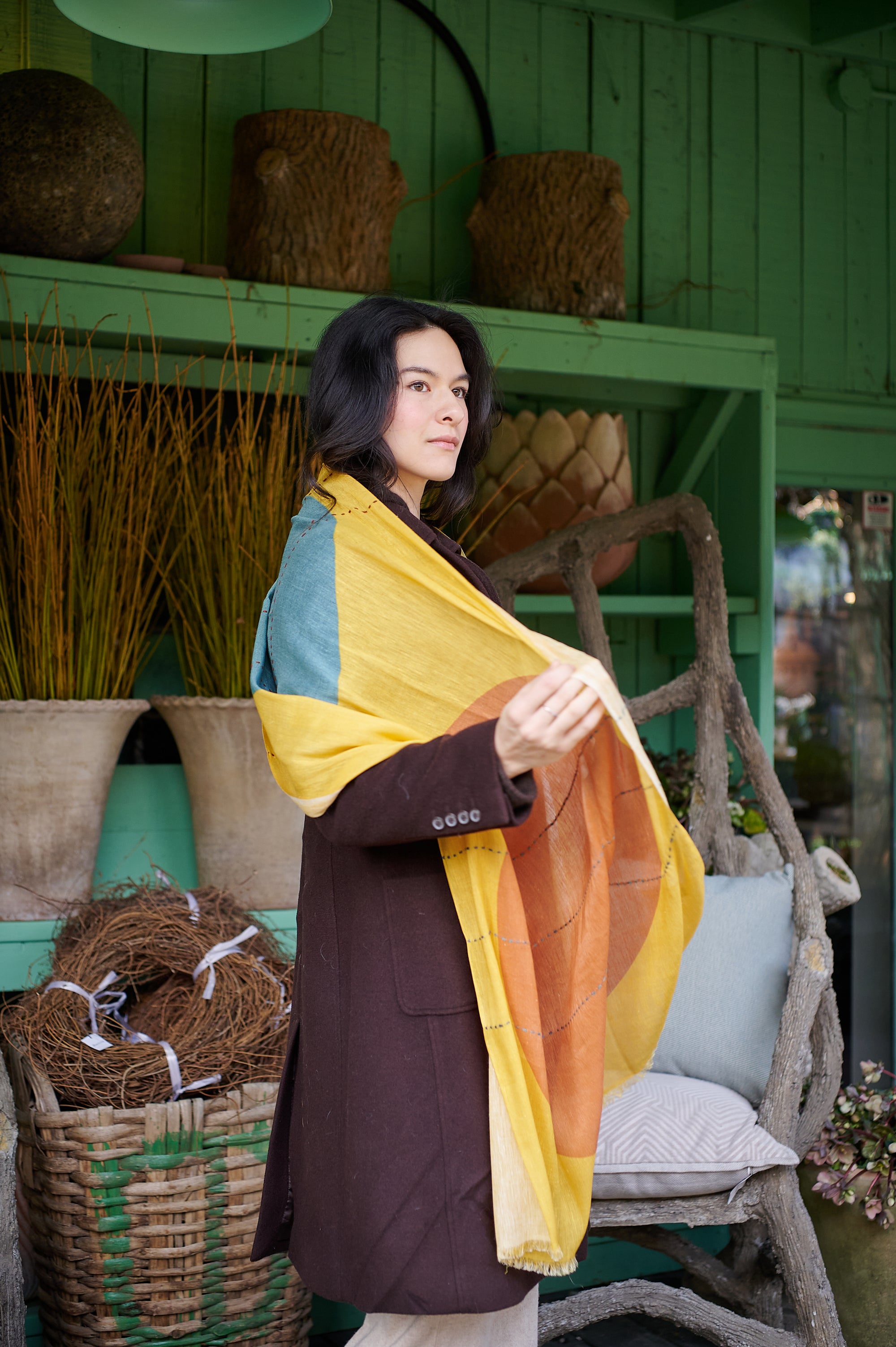 Cirq Sun Yellow Multicolor Modern Artisan Linen Silk Scarf