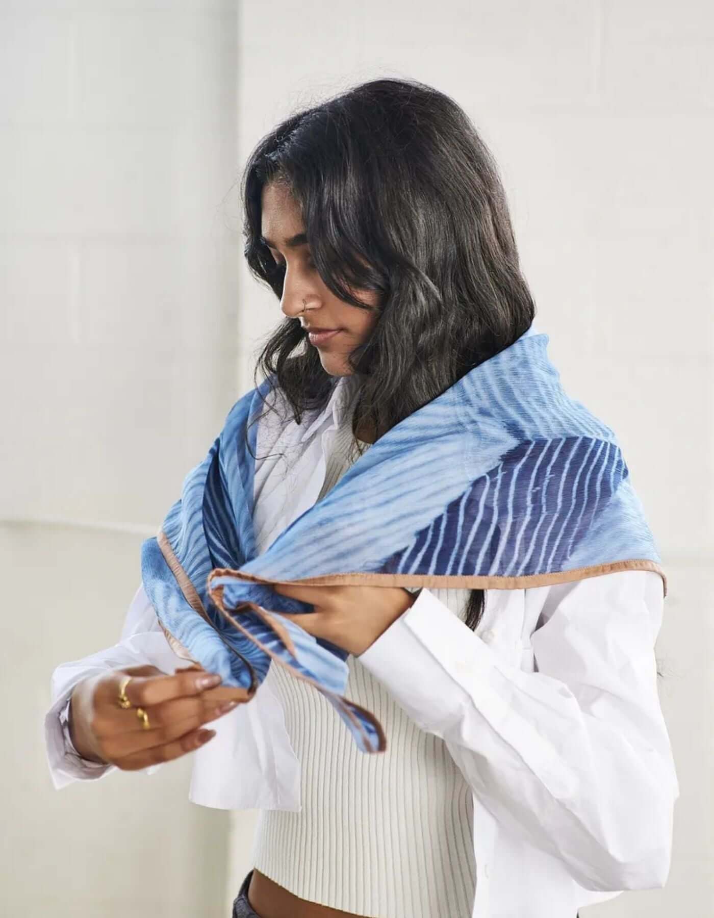 Hand Printed Silk Chiffon Scarf in Indigo Shibori Print Variously Hand Printed Silk Chiffon Scarf in Indigo Shibori Print Variously