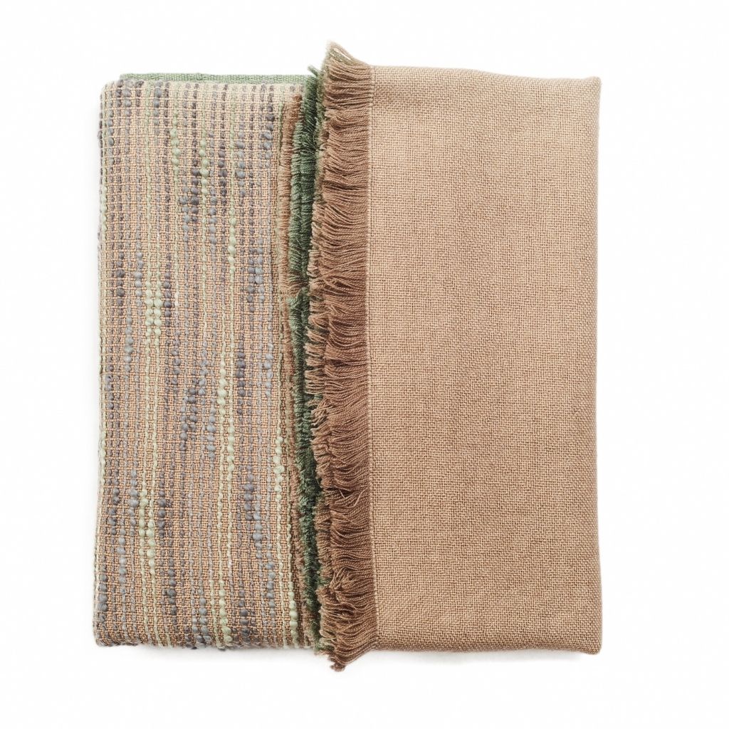 Salvia Green Brown Handwoven Merino Queen Size Bedspread