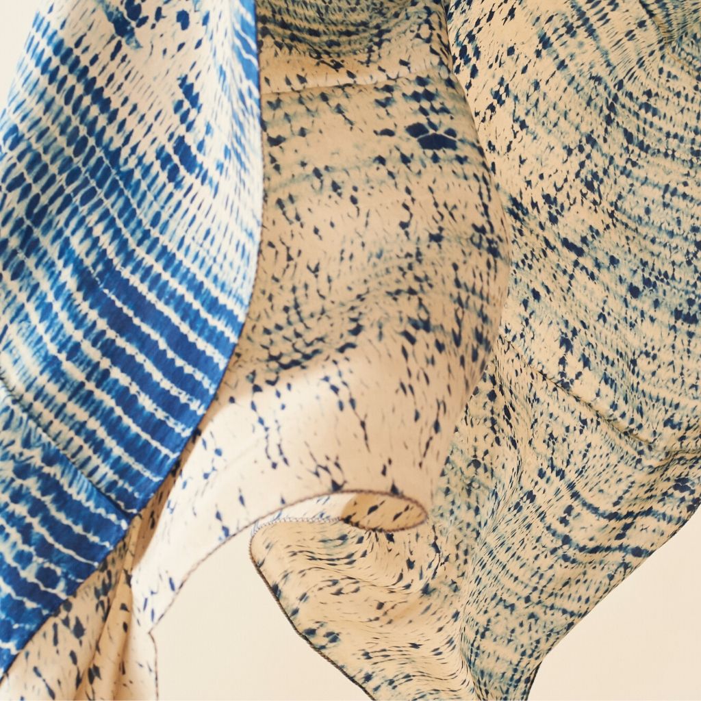 Tesu Indigo Gold Silk Scarf In Modern Artisanal Shibori Print