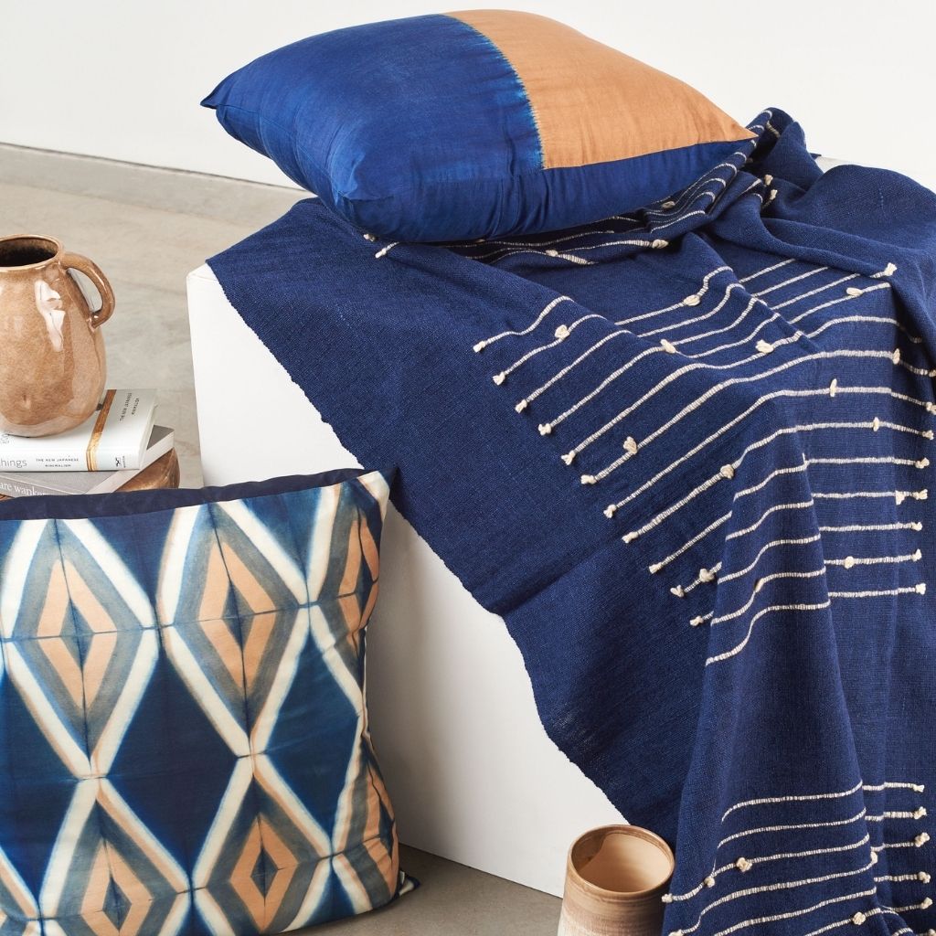 Rosewood Indigo With Hand Knotted Stripes Handloom Merino Throw