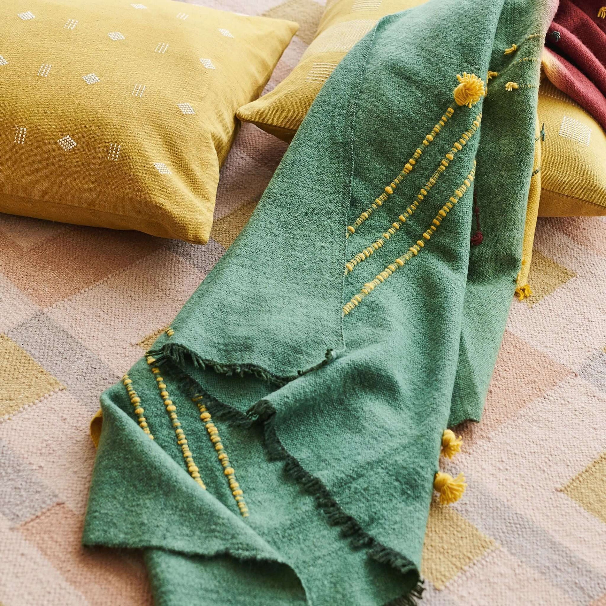 Avocado Green Multi Color Warm Hues Hand Woven Hand Knotted Textured Merino Throw