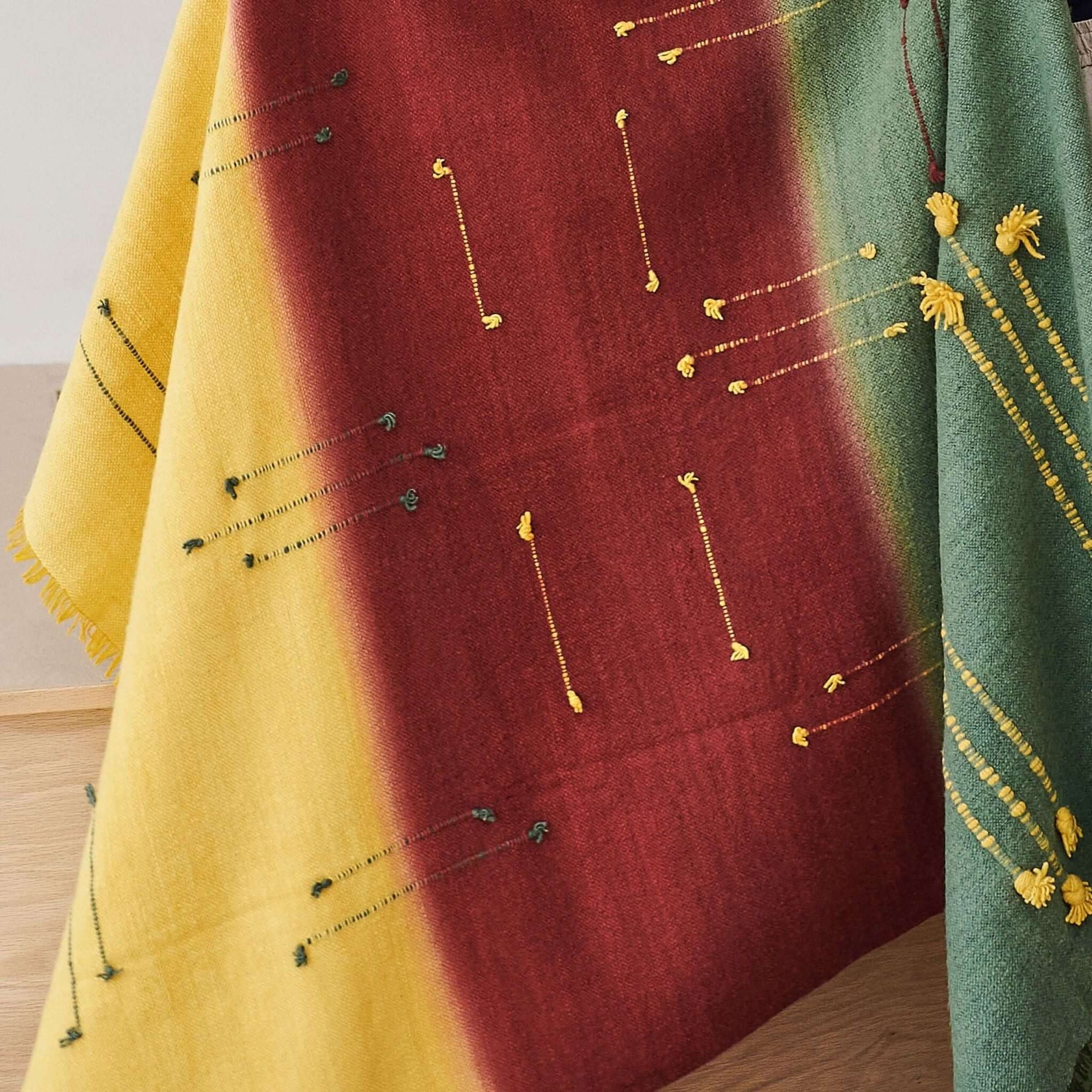 Avocado Green Multi Color Warm Hues Hand Woven Hand Knotted Textured Merino Throw featuring bold earthy tones.