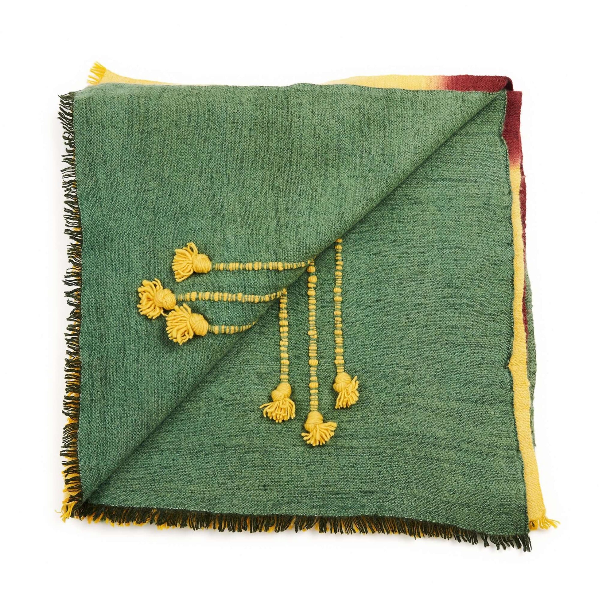 Avocado Green Multi Color Warm Hues Hand Woven Hand Knotted Textured Merino Throw with tassels and textured detail.