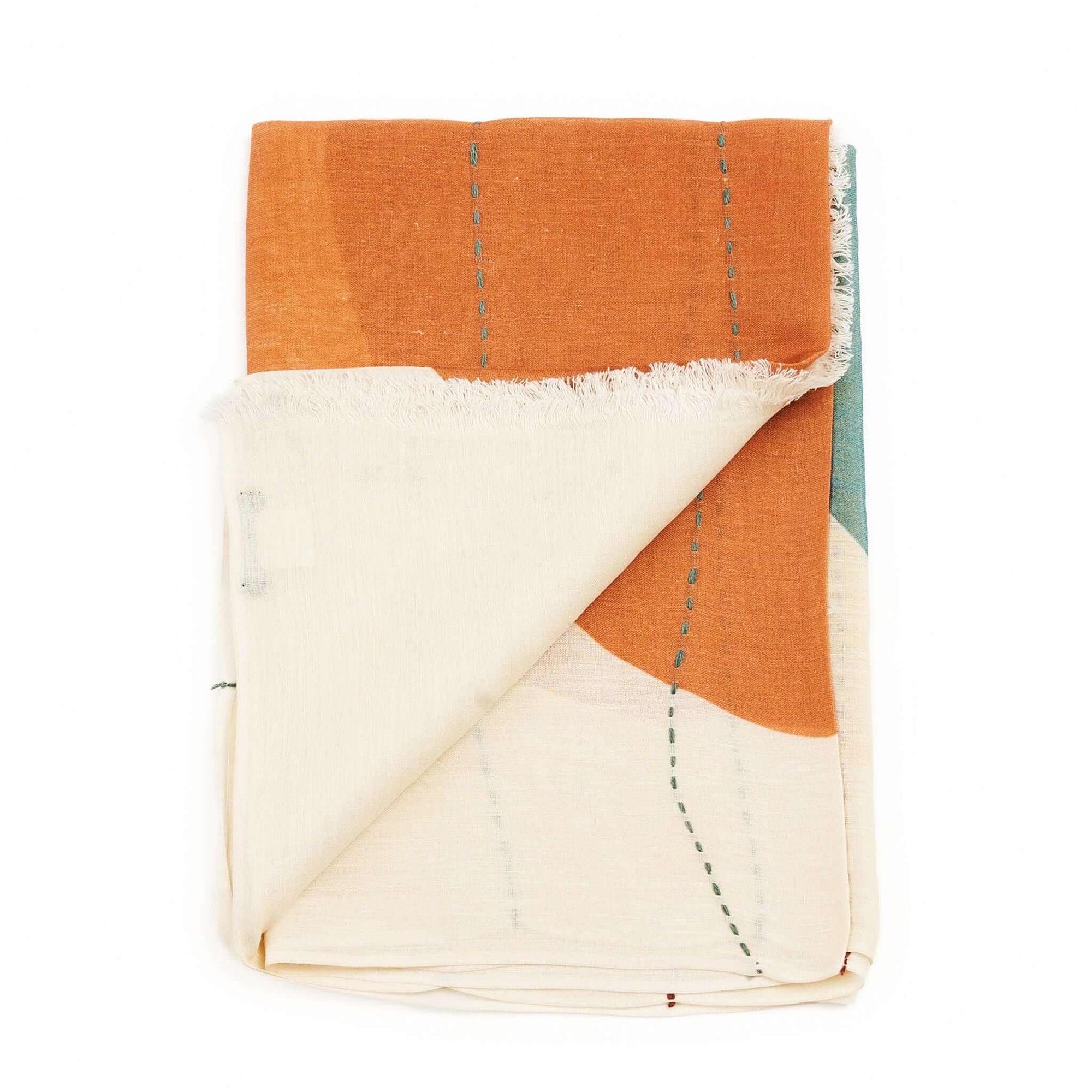 Cirq Sun Yellow Green Circle Pattern Hand Embroidered  Linen Silk Handloom Scarf folded in warm colors.