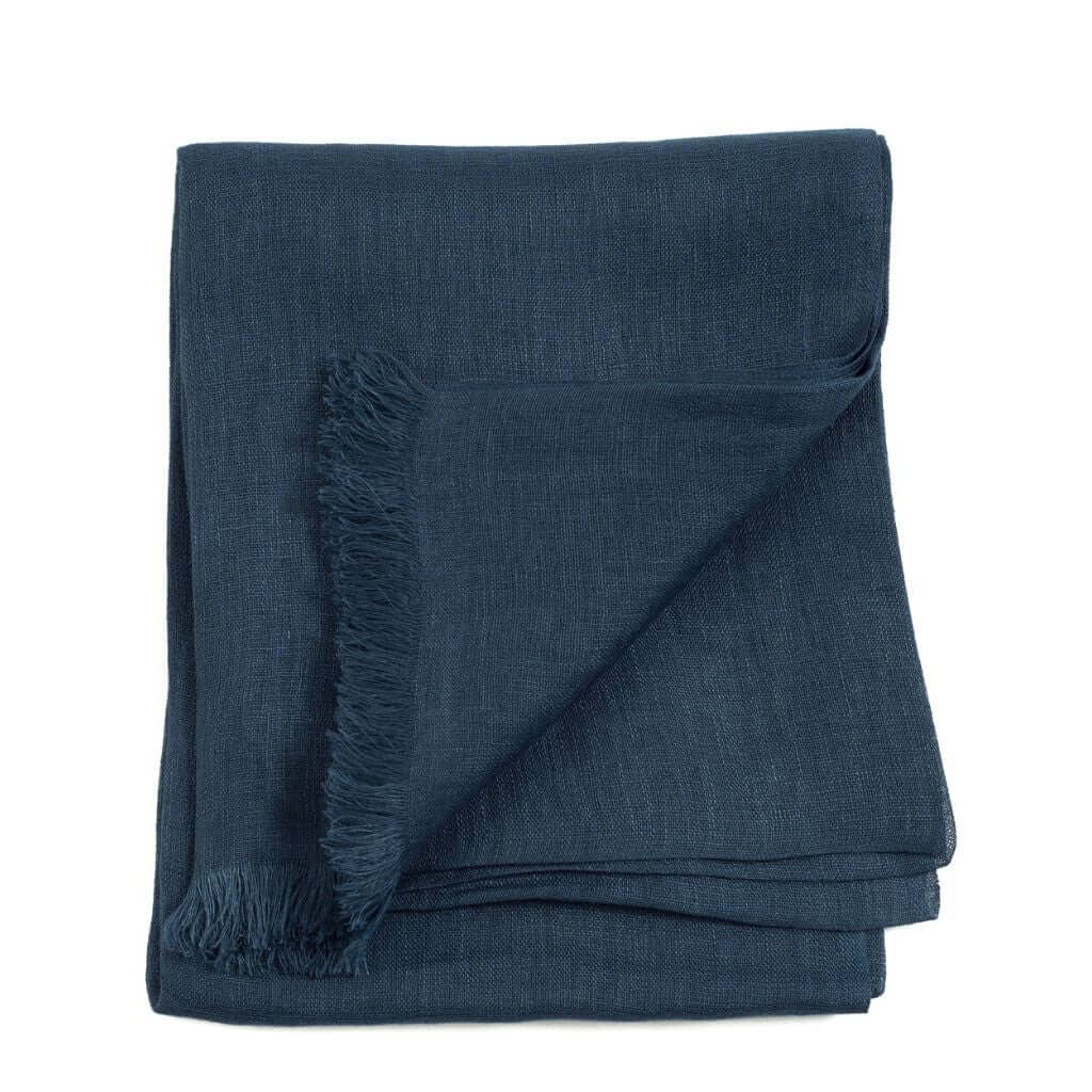 Resin Dark Brown Hand Woven Soft Linen Silk Scarf in navy color, showcasing elegant handwoven texture and fringe edges.
