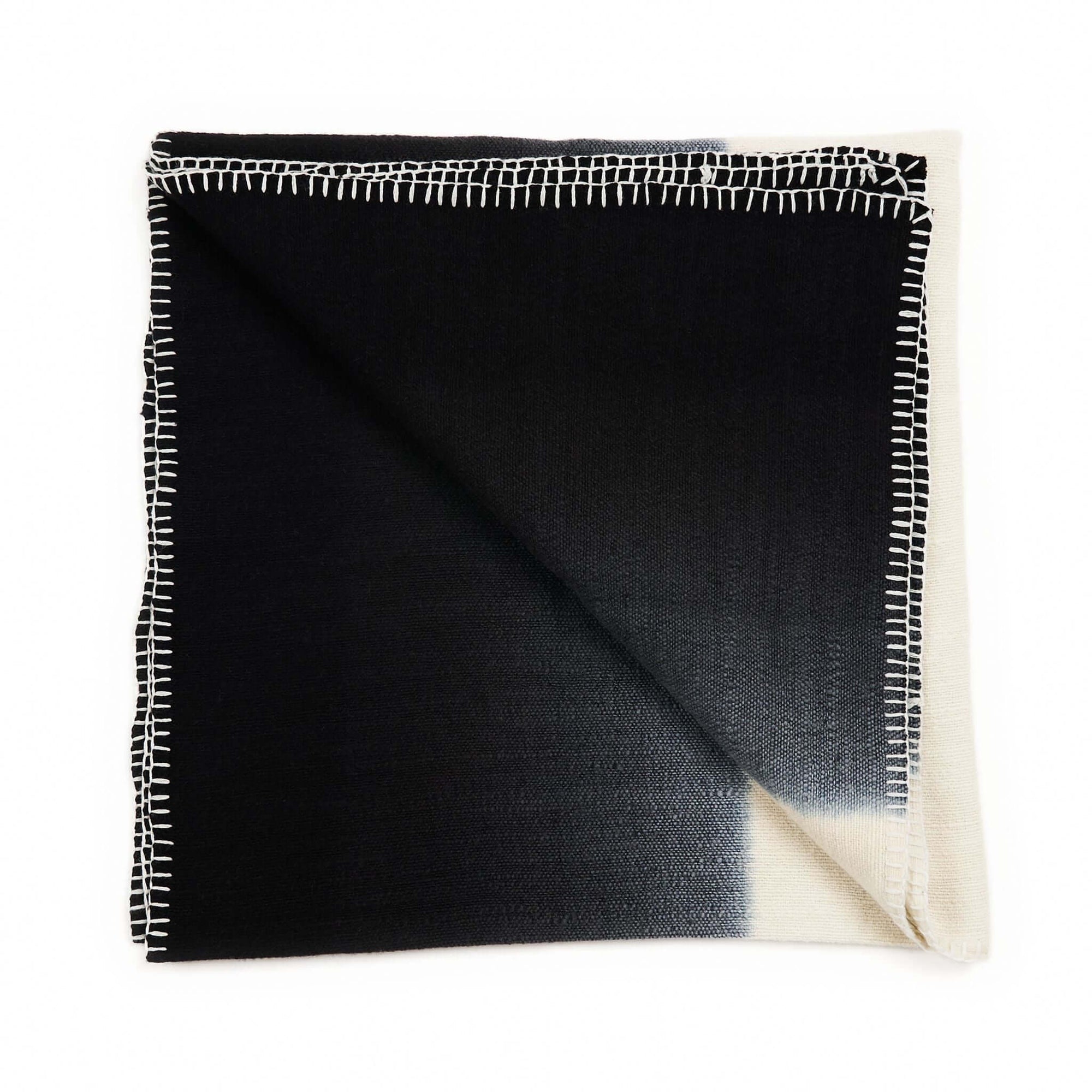 Ink Black White Ombre Textured Throw  In Hand Spun Merino And Hand Stitched Hem, showcasing intricate stitched detailing.