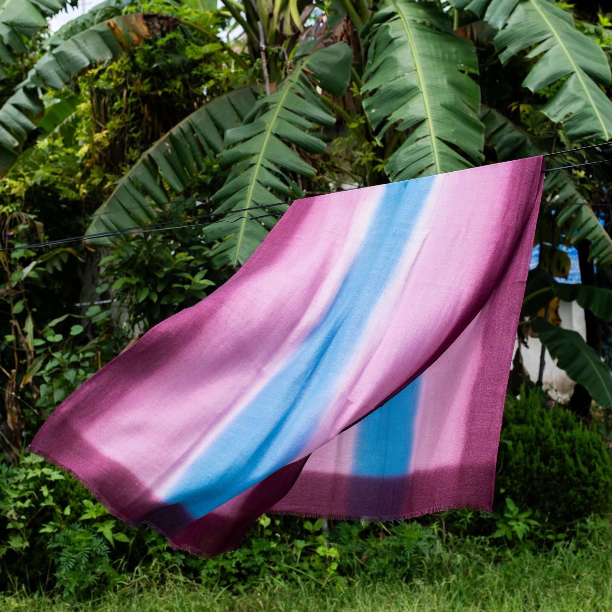 Iris Haze Blue Pink Cashmere Merino Handloom Scarf hanging outdoors with vibrant colors of blue and pink.