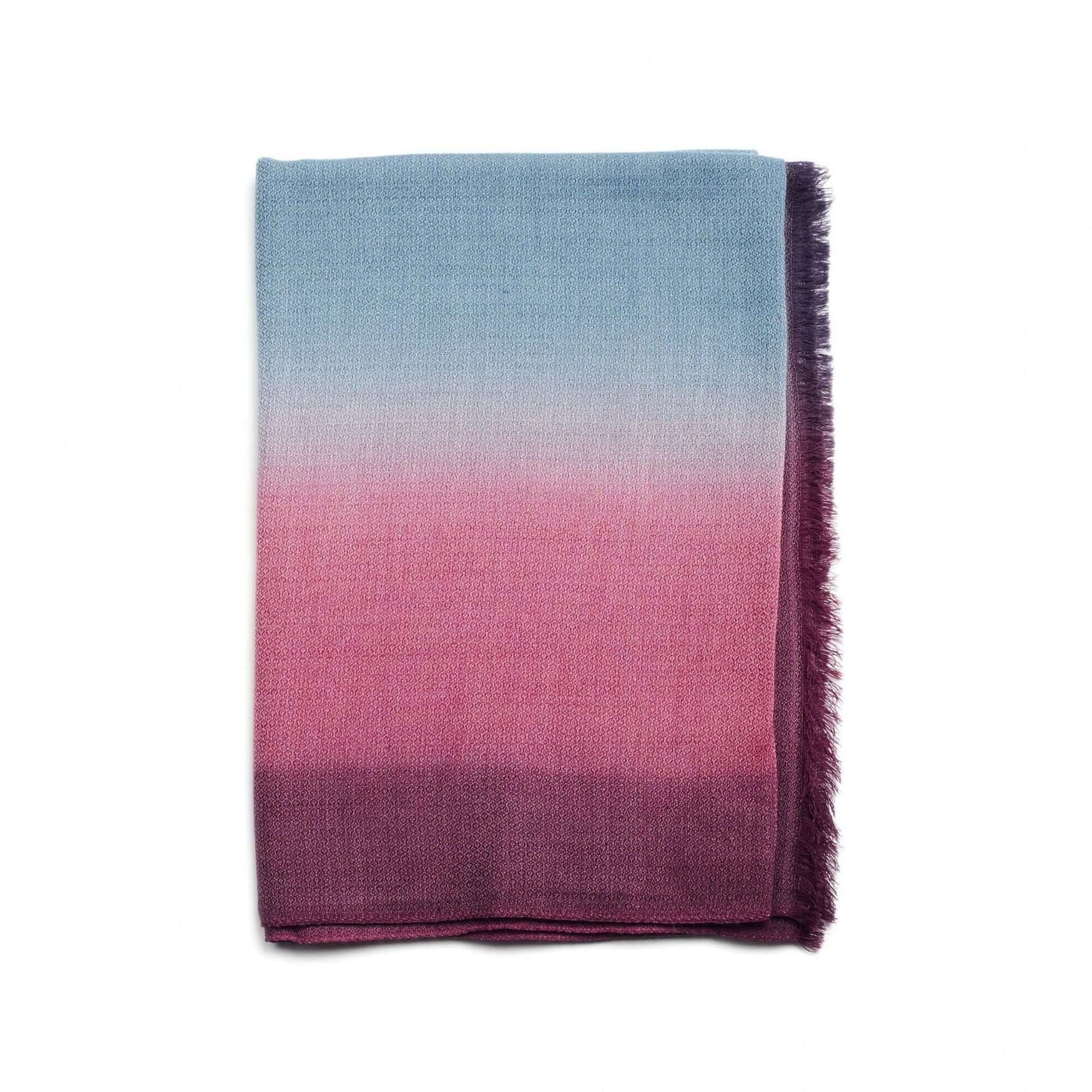 Iris Haze Blue Pink Cashmere Merino Handloom Scarf with gradient hues of blue, pink, and magenta.