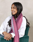 Iris Haze Blue Pink Cashmere Merino Handloom Scarf styled on a model, showcasing the unique color blend.