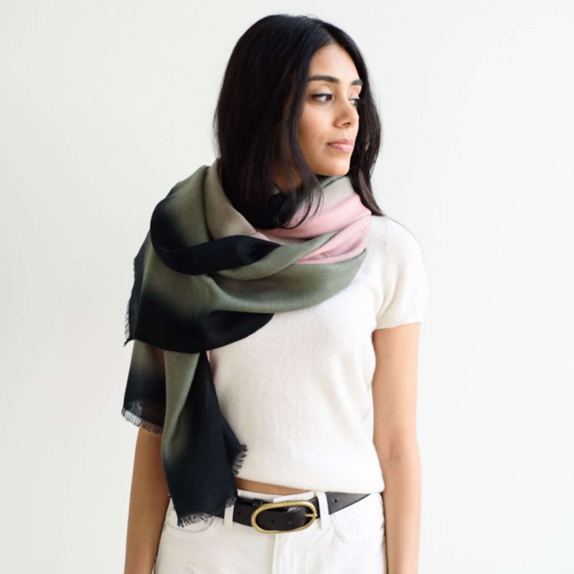 Iris Kiwi Green Pink Cashmere Merino Handwoven Scarf styled on a model, showcasing its unique hand-dyed colors and weave.