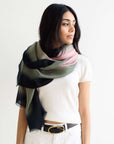 Iris Kiwi Green Pink Cashmere Merino Handwoven Scarf styled on a model, showcasing its unique hand-dyed colors and weave.
