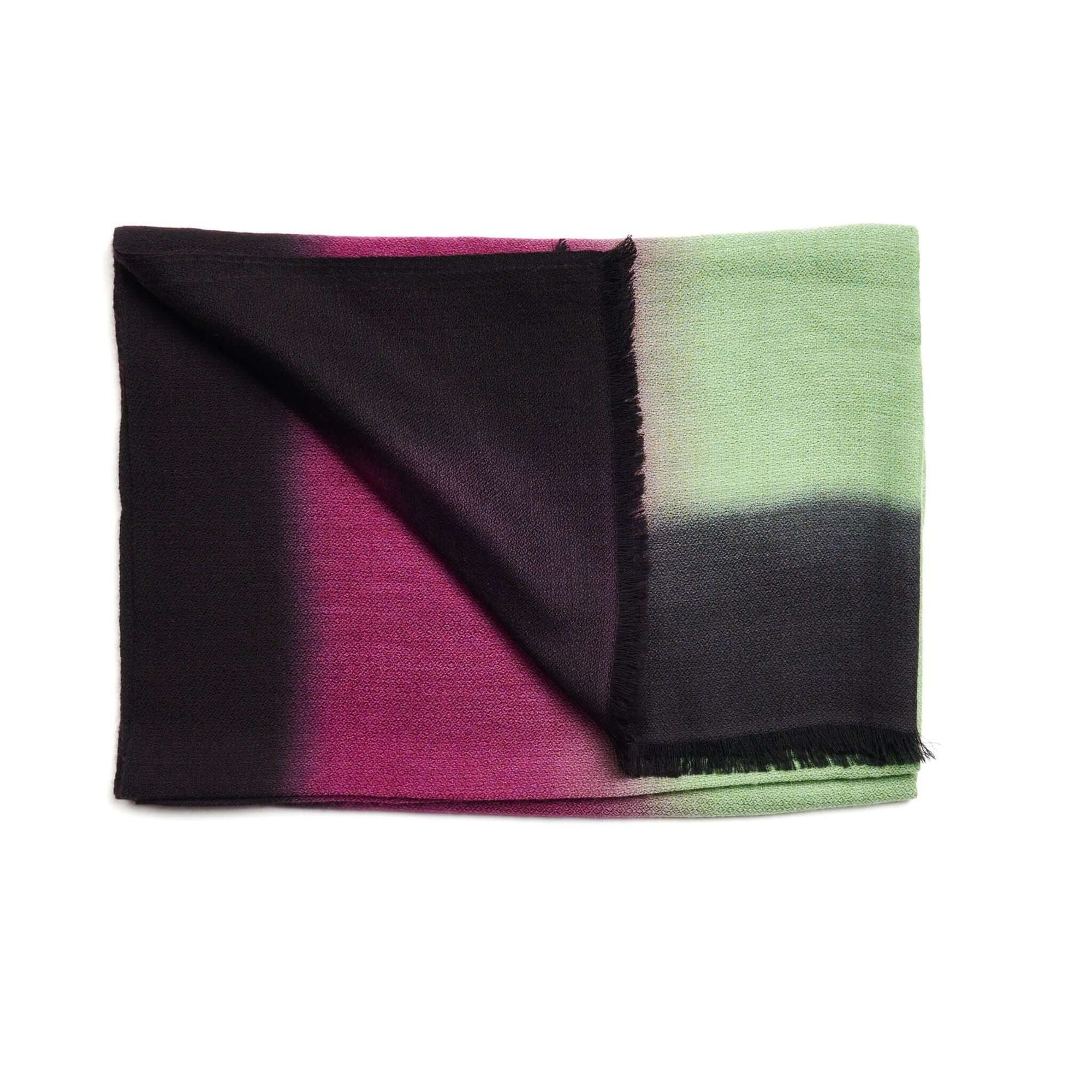 Iris Courtyard Green Purple Hand Woven Cashmere Merino Scarf showcasing unique color blend of green, purple, and black.