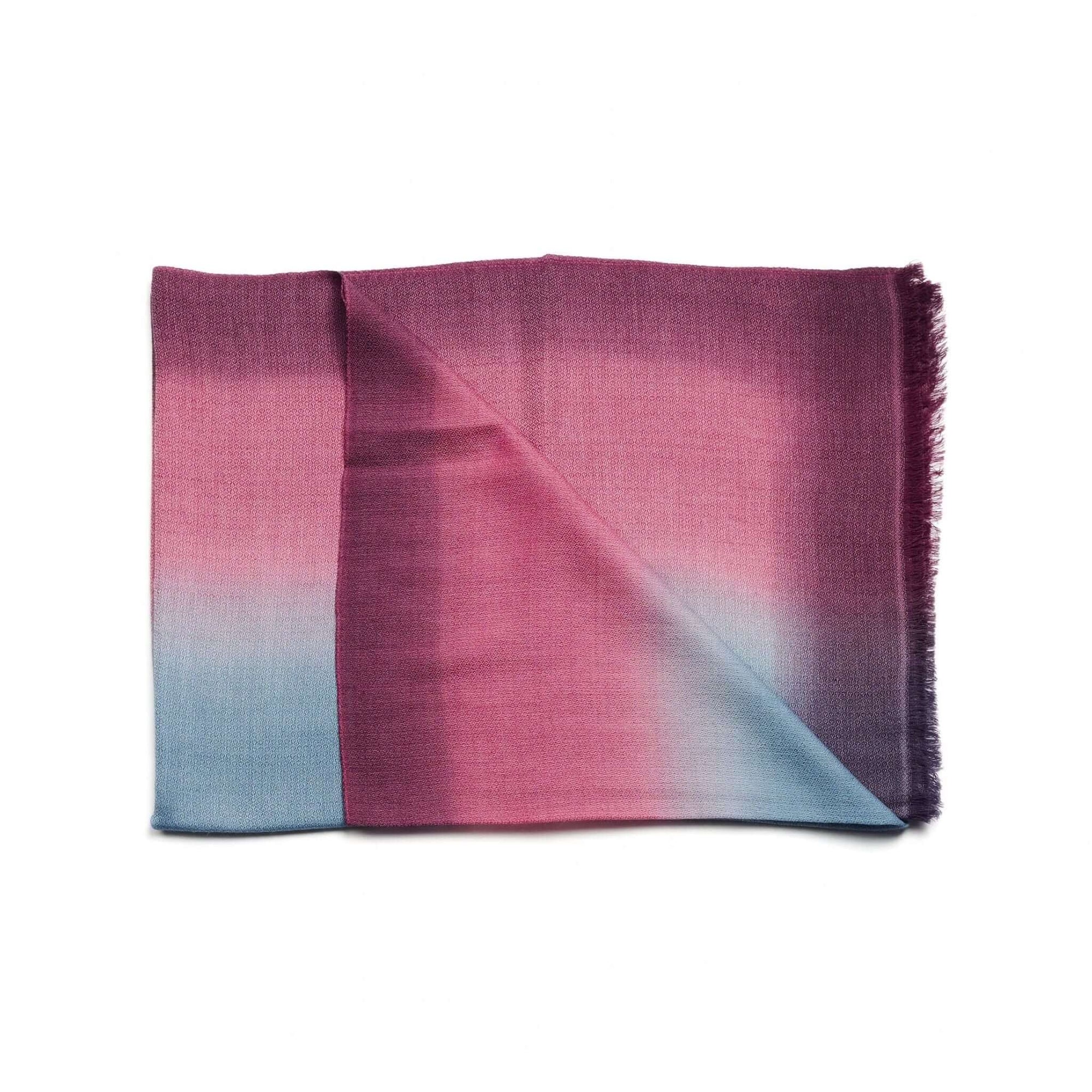 Iris Haze Blue Pink Cashmere Merino Handloom Scarf with ombre blend of pink and blue shades.