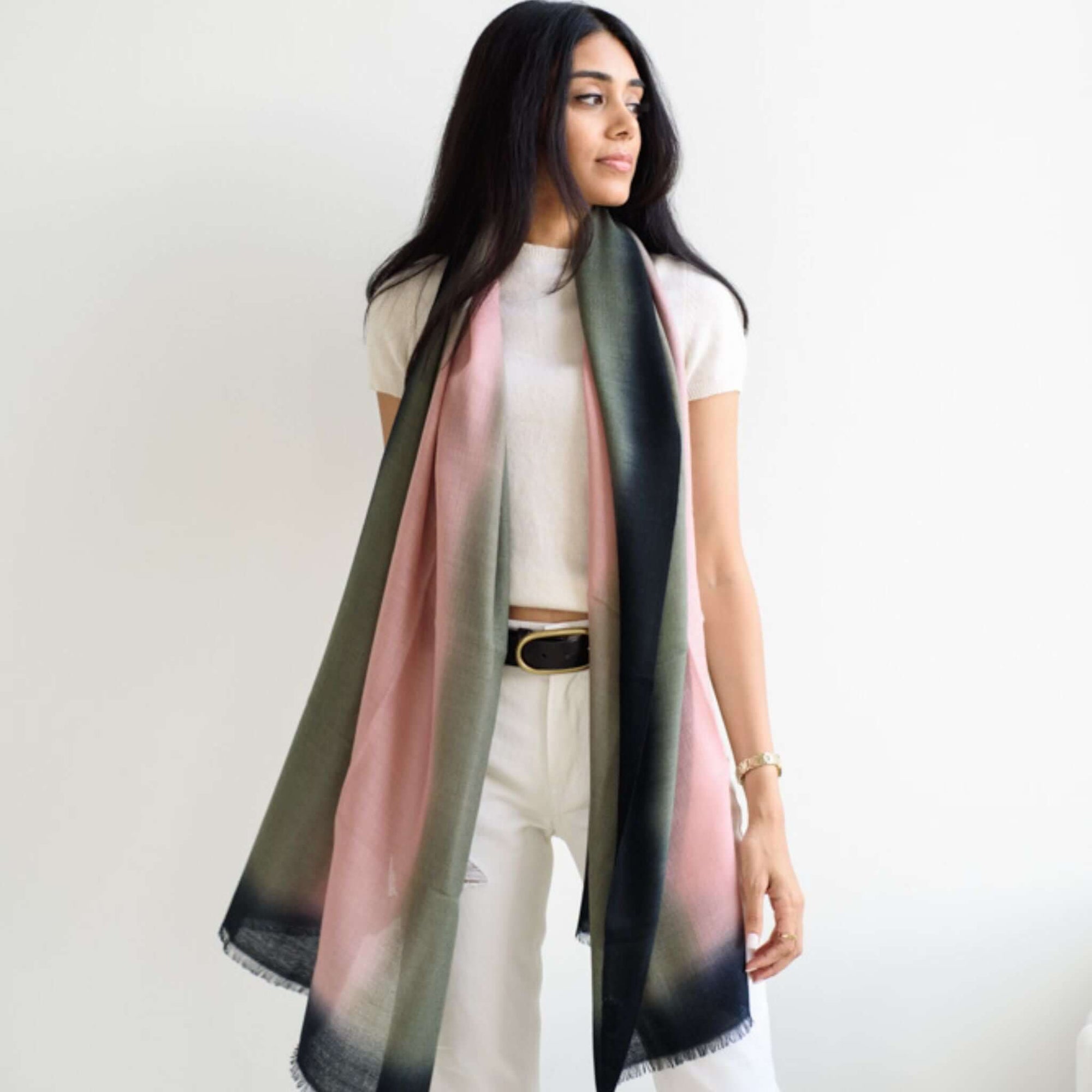 Iris Kiwi Green Pink Cashmere Merino Handwoven Scarf displayed by model, showcasing its unique colors and luxurious texture.