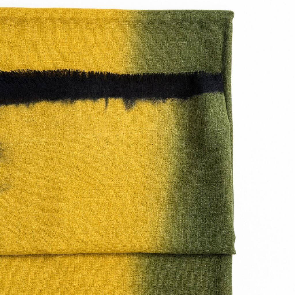 Iris Topaz Yellow Olive Green Cashmere Merino Soft Handwoven Modern Artisanal Scarf close-up showing topaz yellow and olive green hues.