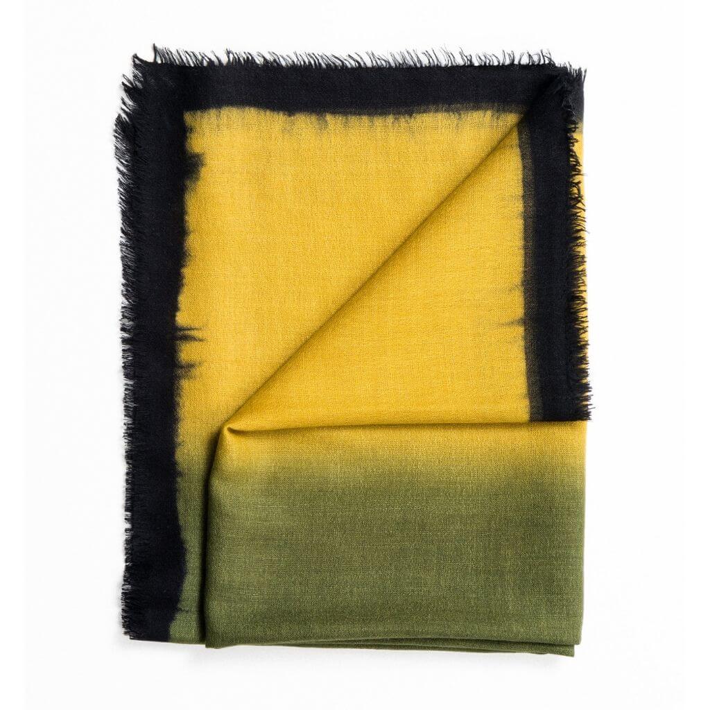 Iris Topaz Yellow Olive Green Cashmere Merino Soft Handwoven Modern Artisanal Scarf.