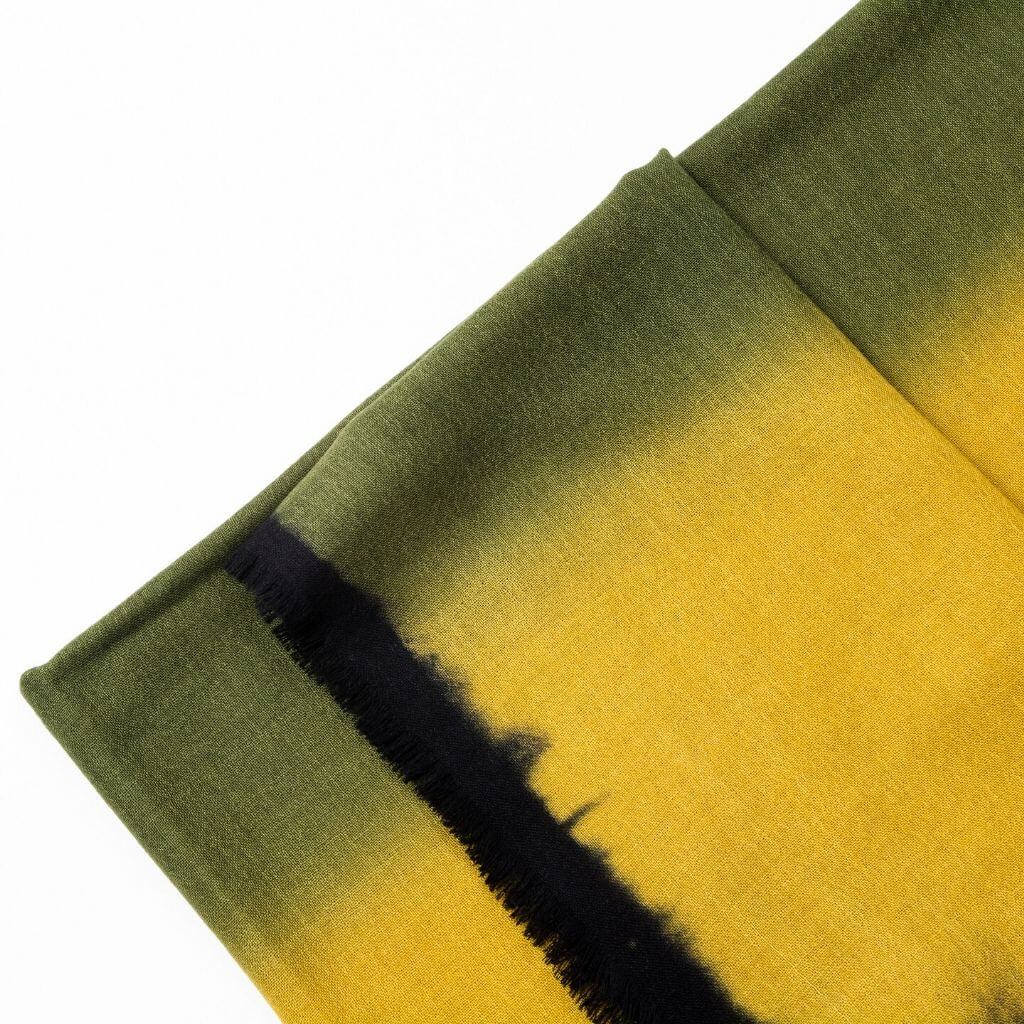 Iris Topaz Yellow Olive Green Cashmere Merino Soft Handwoven Modern Artisanal Scarf showing hand-dyed gradient colors.
