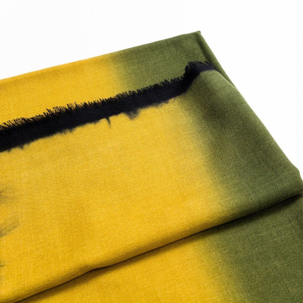 Iris Topaz Yellow Olive Green Cashmere Merino Soft Handwoven Modern Artisanal Scarf showcasing rich colors and texture.