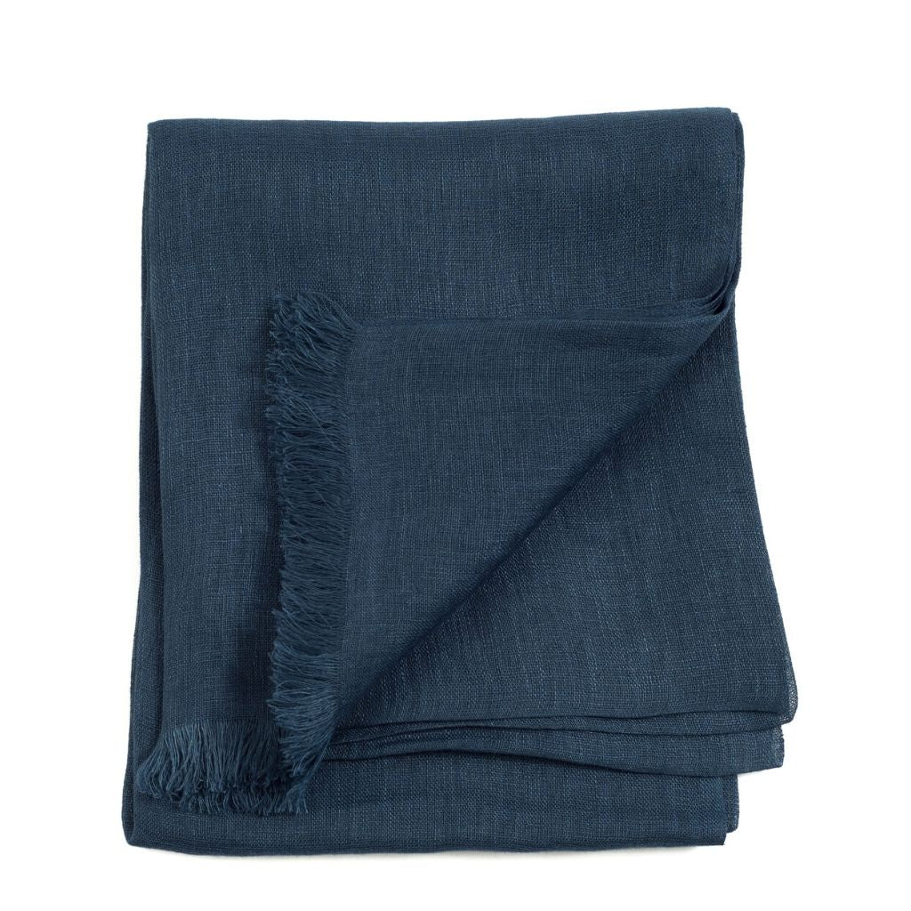 Midnight Navy Blue Hand Woven Linen Silk Blend Scarf – Variously