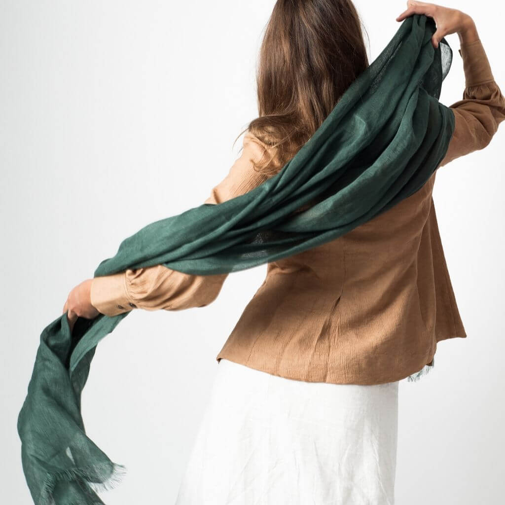 Moss Dark Green Soft Linen Silk Handwoven Modern Artisanal Scarf