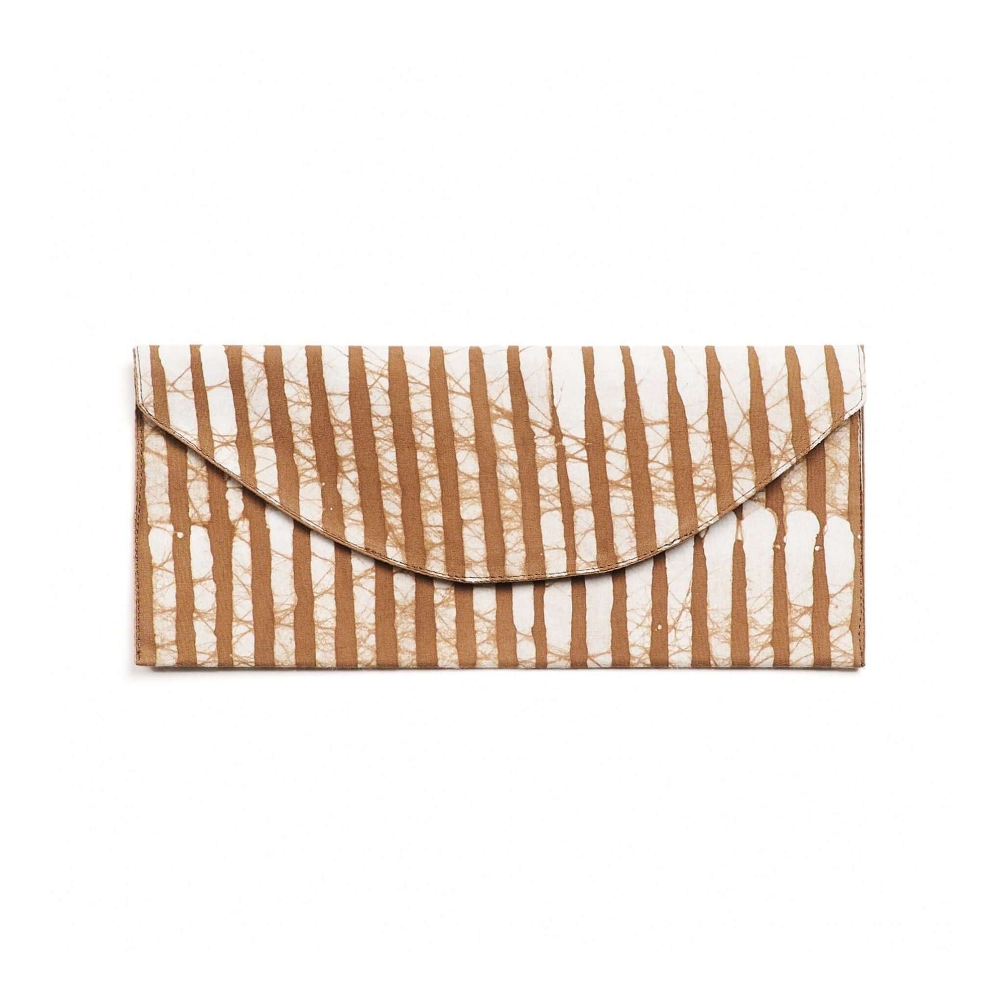 Oak Brown Stripes Cotton Wax Block Printed Envelope Pouch on a white background.