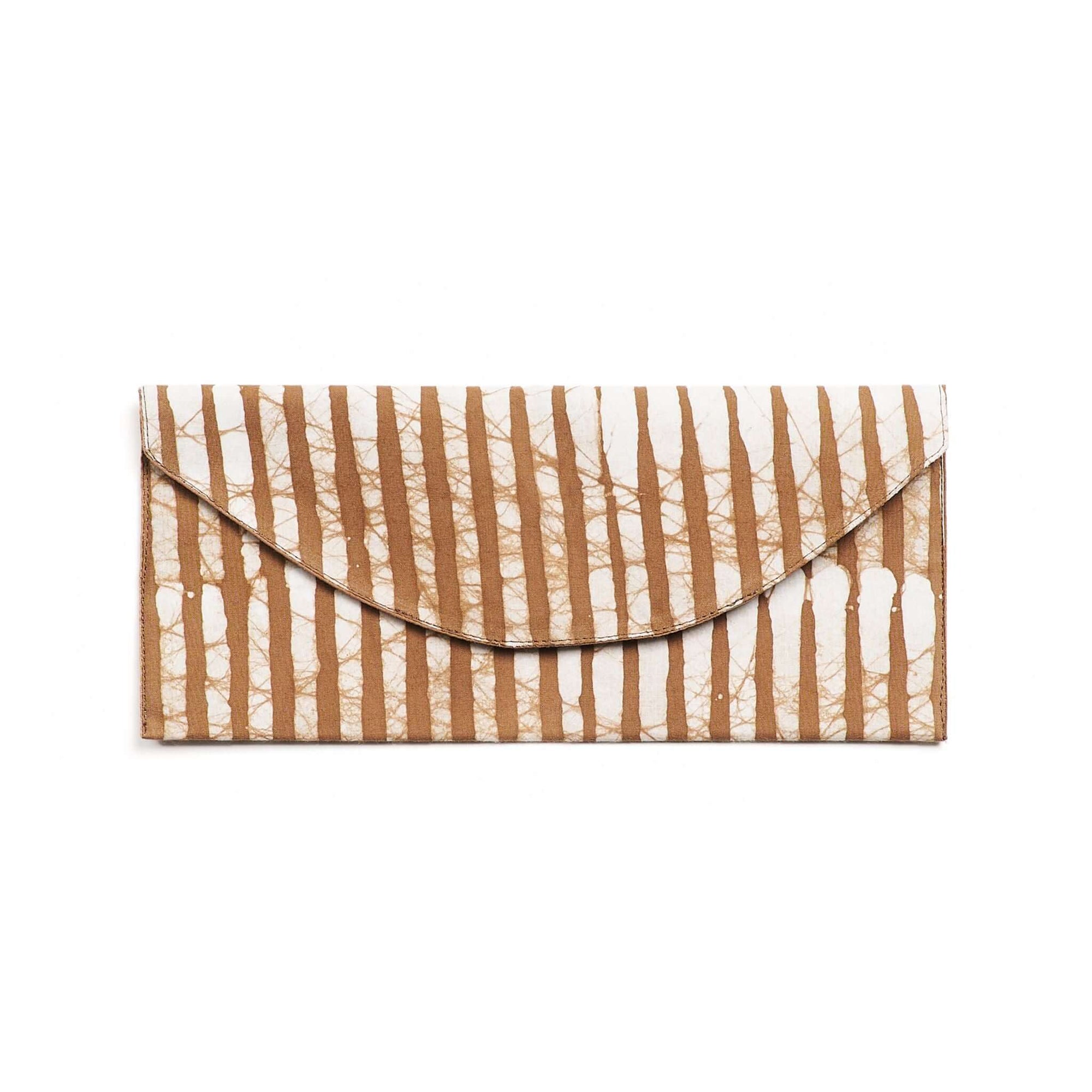 Oak Brown Stripes Cotton Wax Block Printed Envelope Pouch with a unique striped design.