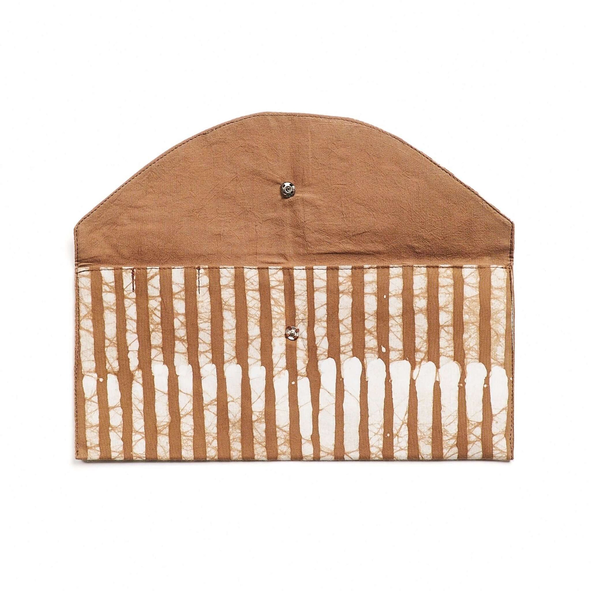 Oak Brown Stripes Cotton Wax Block Printed Envelope Pouch showcasing its unique stripe design and natural fabric.