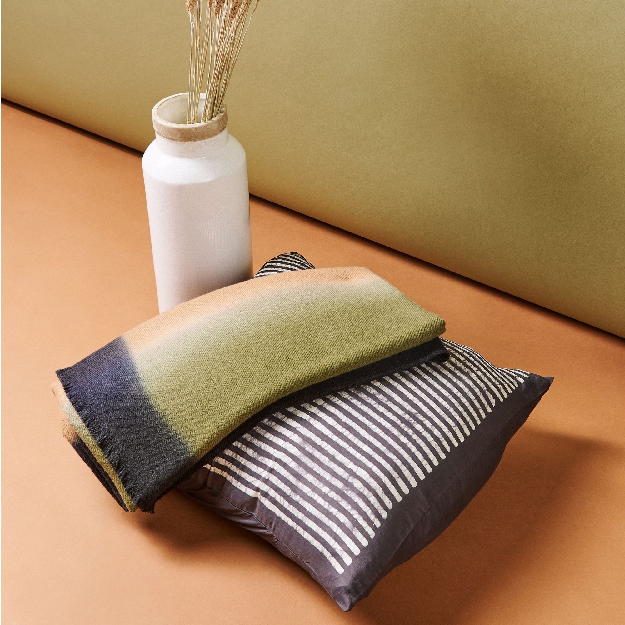 Maple Black Hand Wax Block Printed Stripes Mulberry Silk Pillow