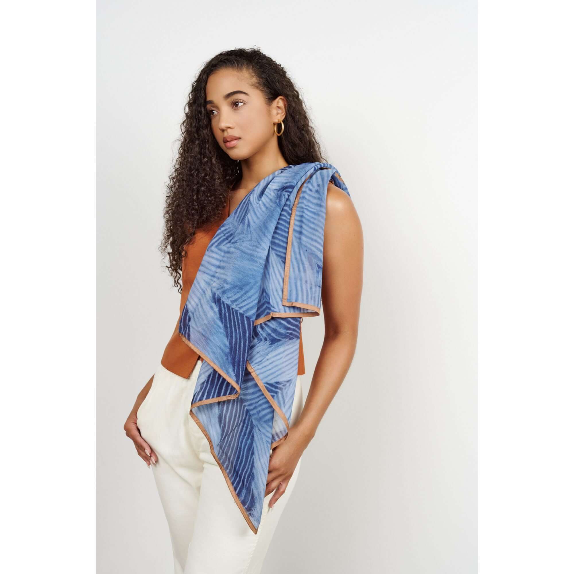 Hand Printed Silk Chiffon Scarf in Indigo Shibori Print – Variously