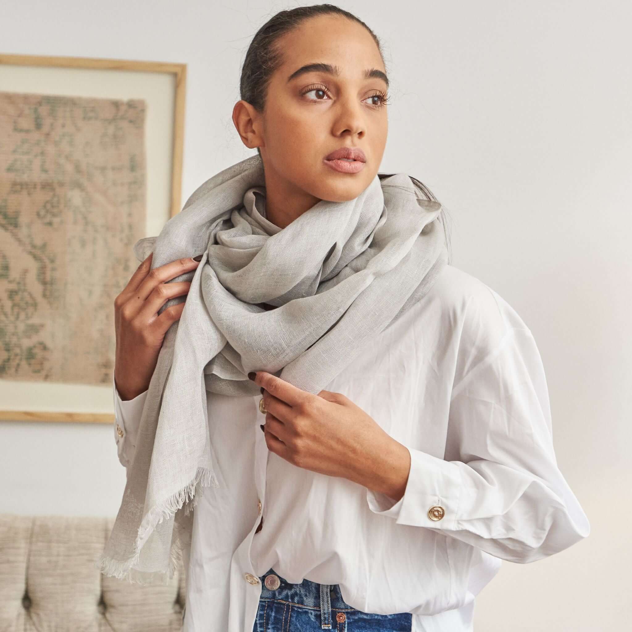 Pebble Light Gray Hand Woven Soft Linen Scarf Timeless Style