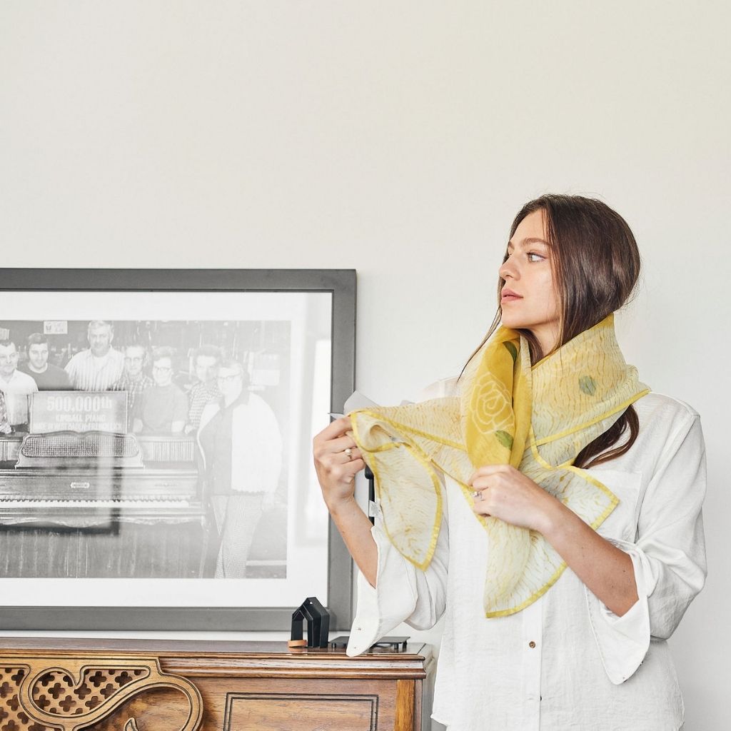 Primrose Turmeric Hand Painted Floral Print Shibori  Large Square Silk Scarf