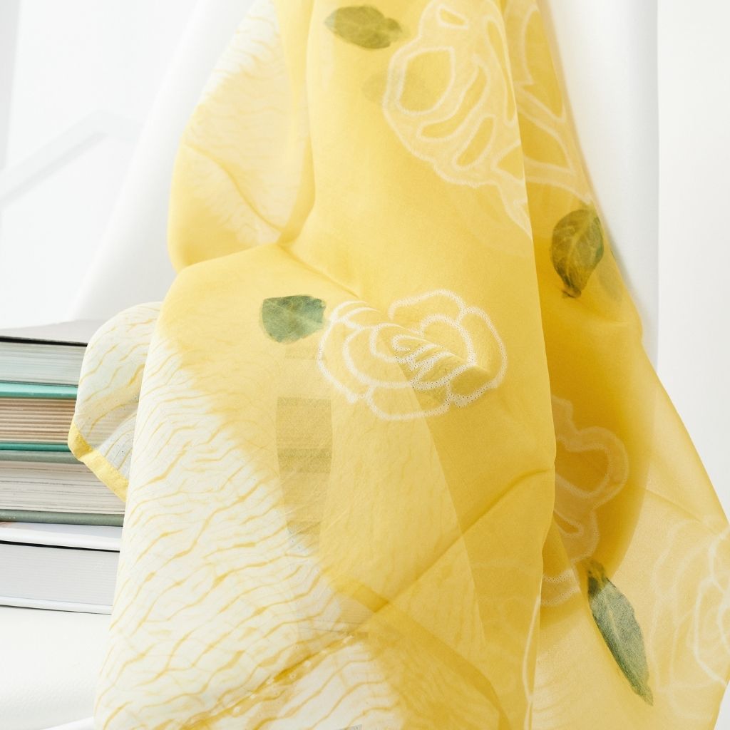 Primrose Turmeric Hand Painted Floral Print Shibori  Large Square Silk Scarf