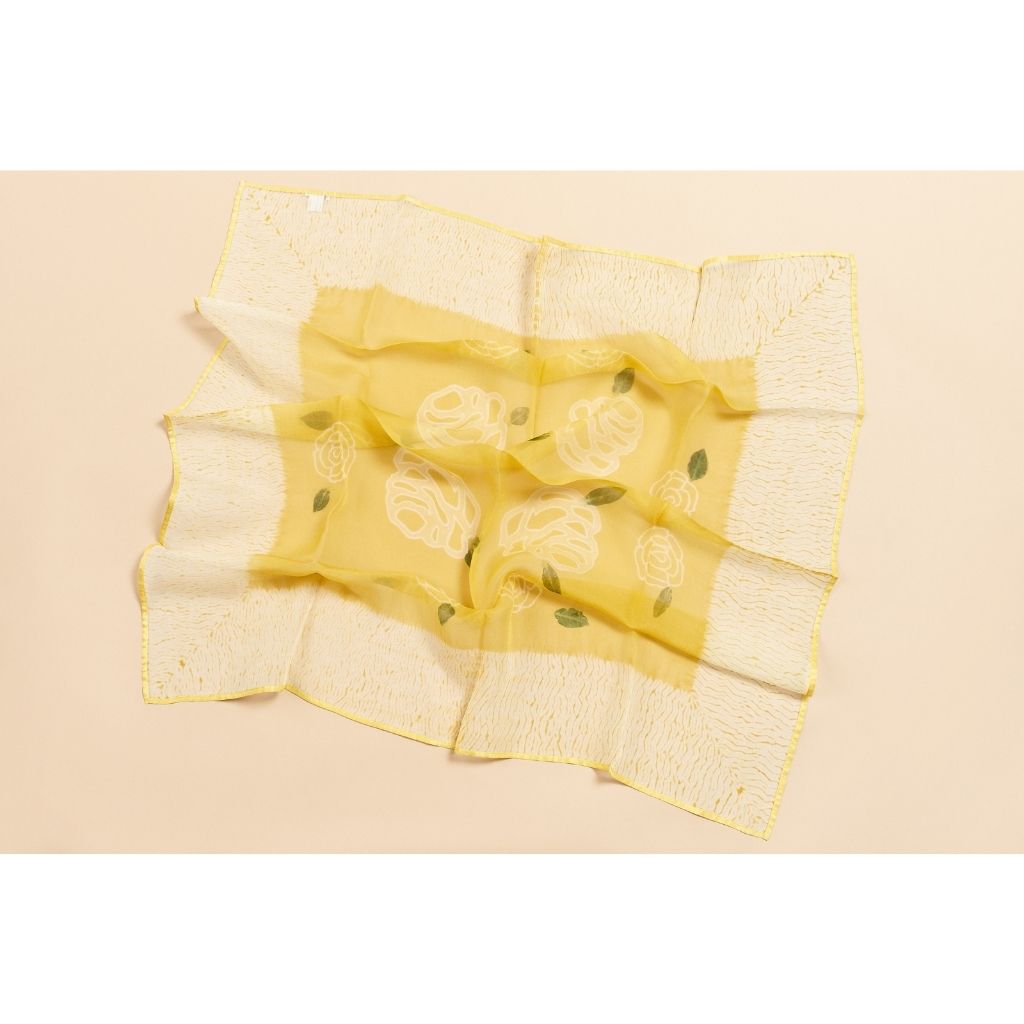 Primrose Turmeric Hand Painted Floral Print Shibori  Large Square Silk Scarf