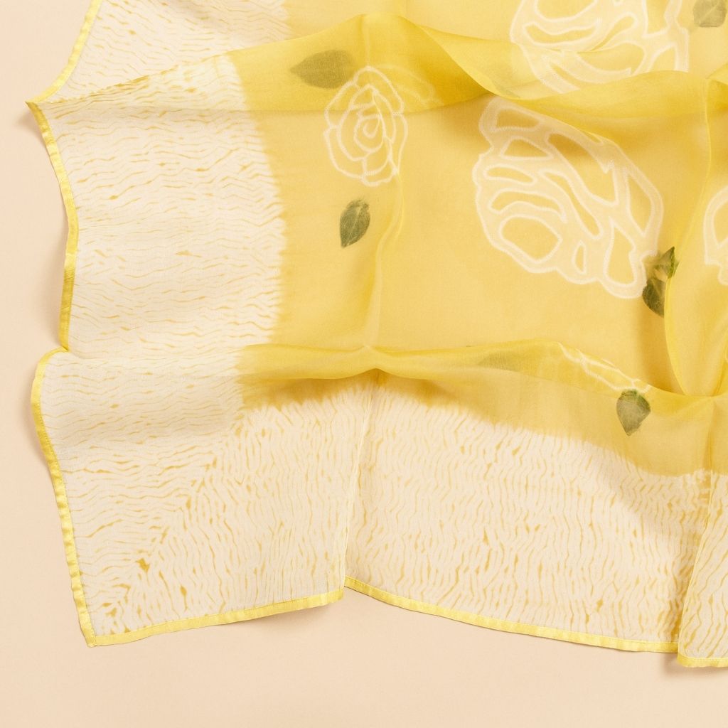 Primrose Turmeric Hand Painted Floral Print Shibori  Large Square Silk Scarf