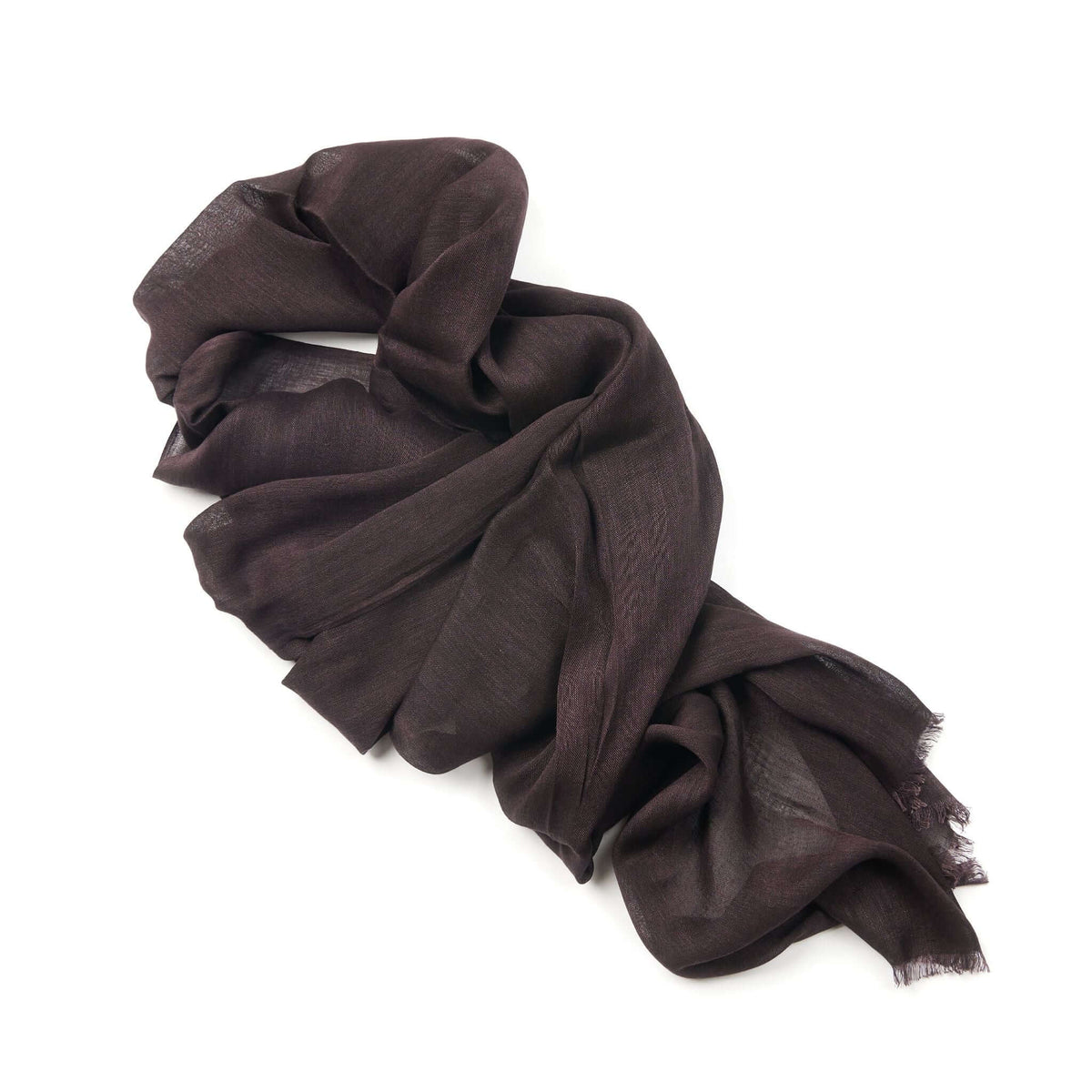 Resin Dark Brown Hand Woven Soft Linen Silk Scarf styled elegantly on a white background.