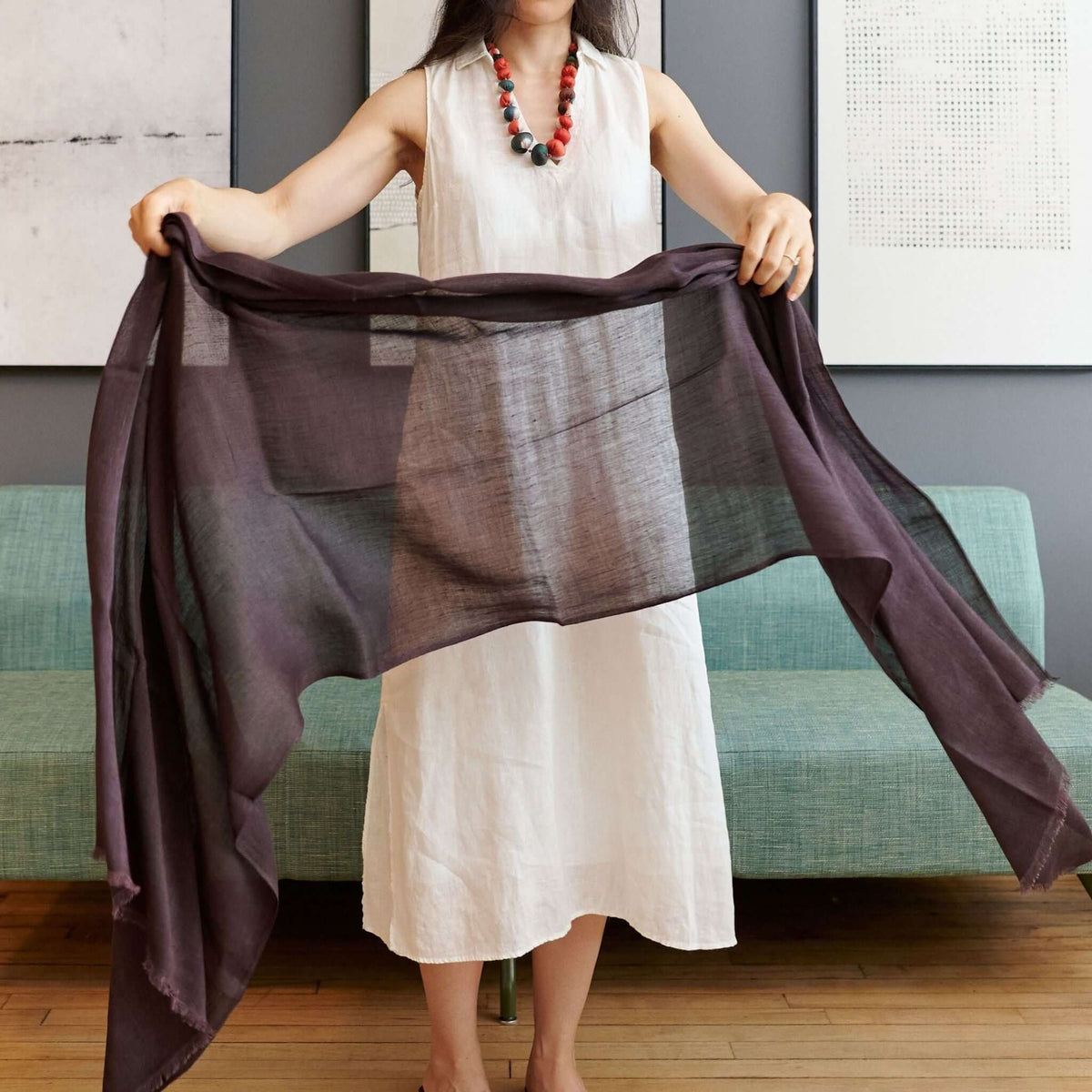 Resin Dark Brown Hand Woven Soft Linen Silk Scarf showcased by a model, displaying its translucent elegance.