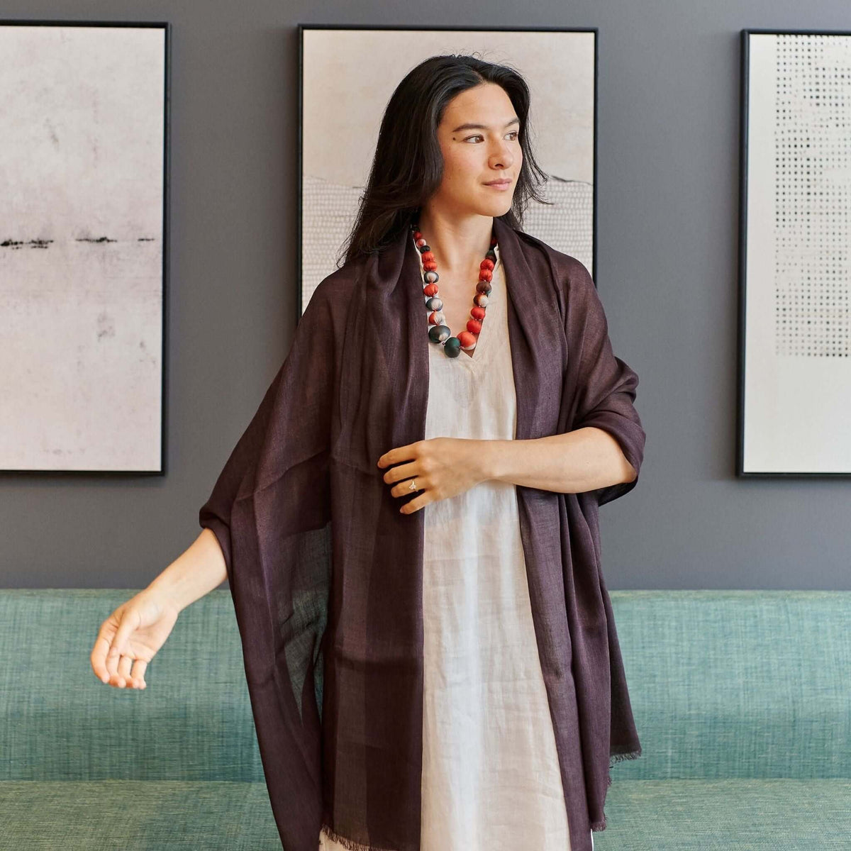 Resin Dark Brown Hand Woven Soft Linen Silk Scarf elegantly styled by model with modern accessories.